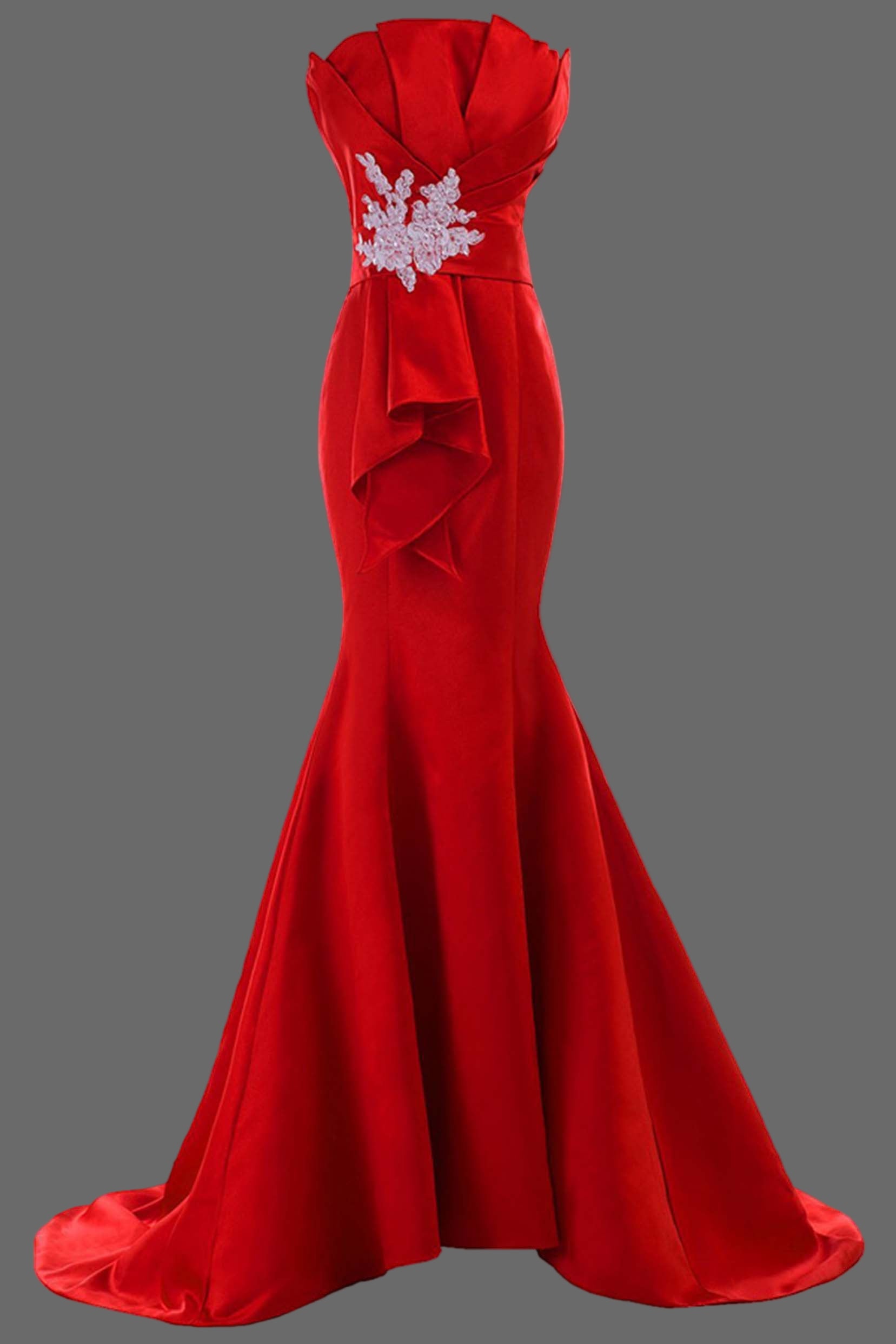 Red Mermaid Prom Dress - Strapless Formal Dress with Lace Applique Detail