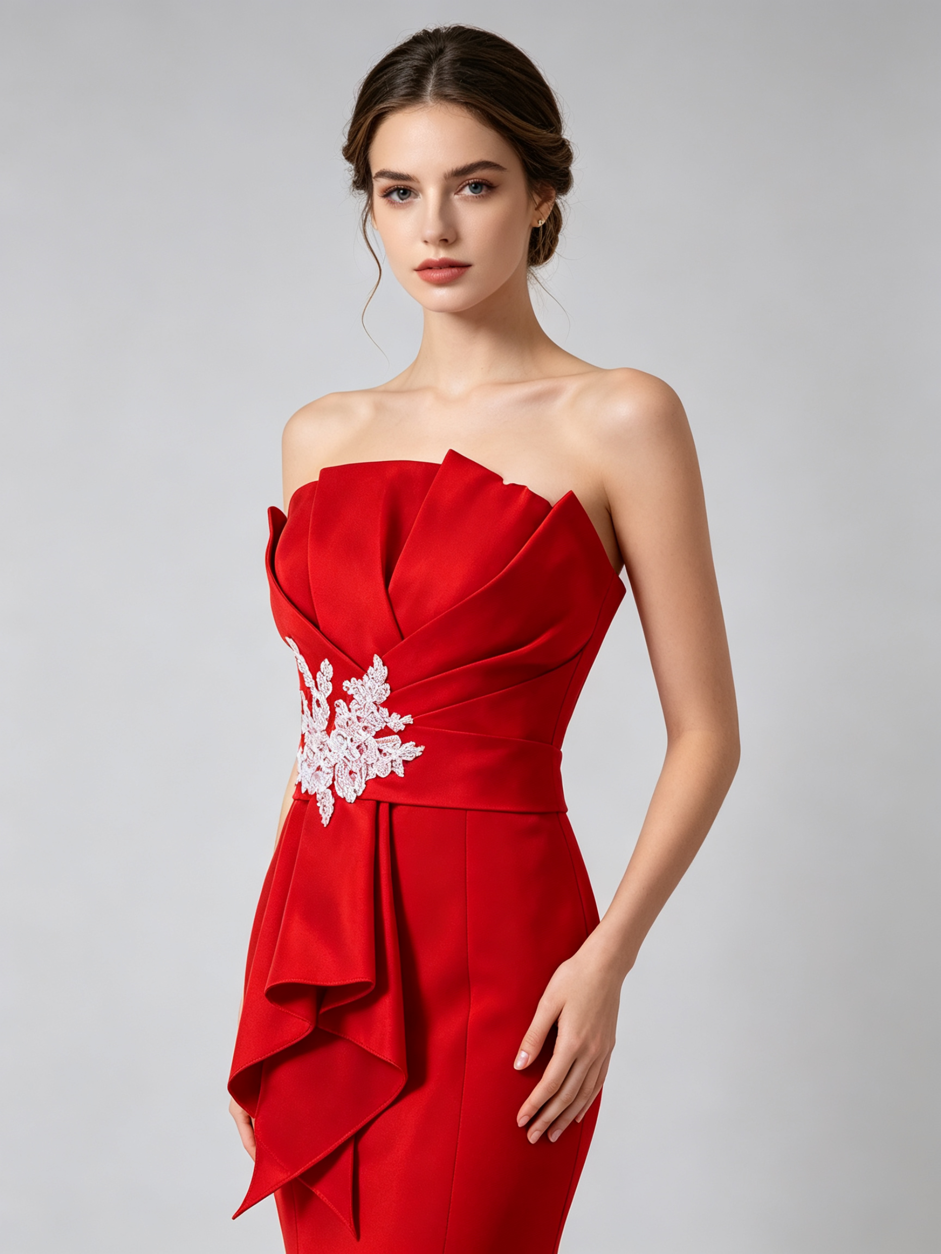Red Mermaid Prom Dress - Strapless Formal Dress with Lace Applique Detail