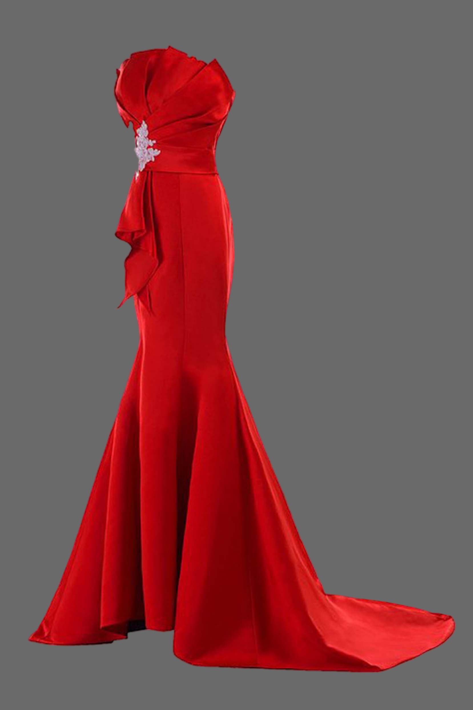 Red Mermaid Prom Dress - Strapless Formal Dress with Lace Applique Detail