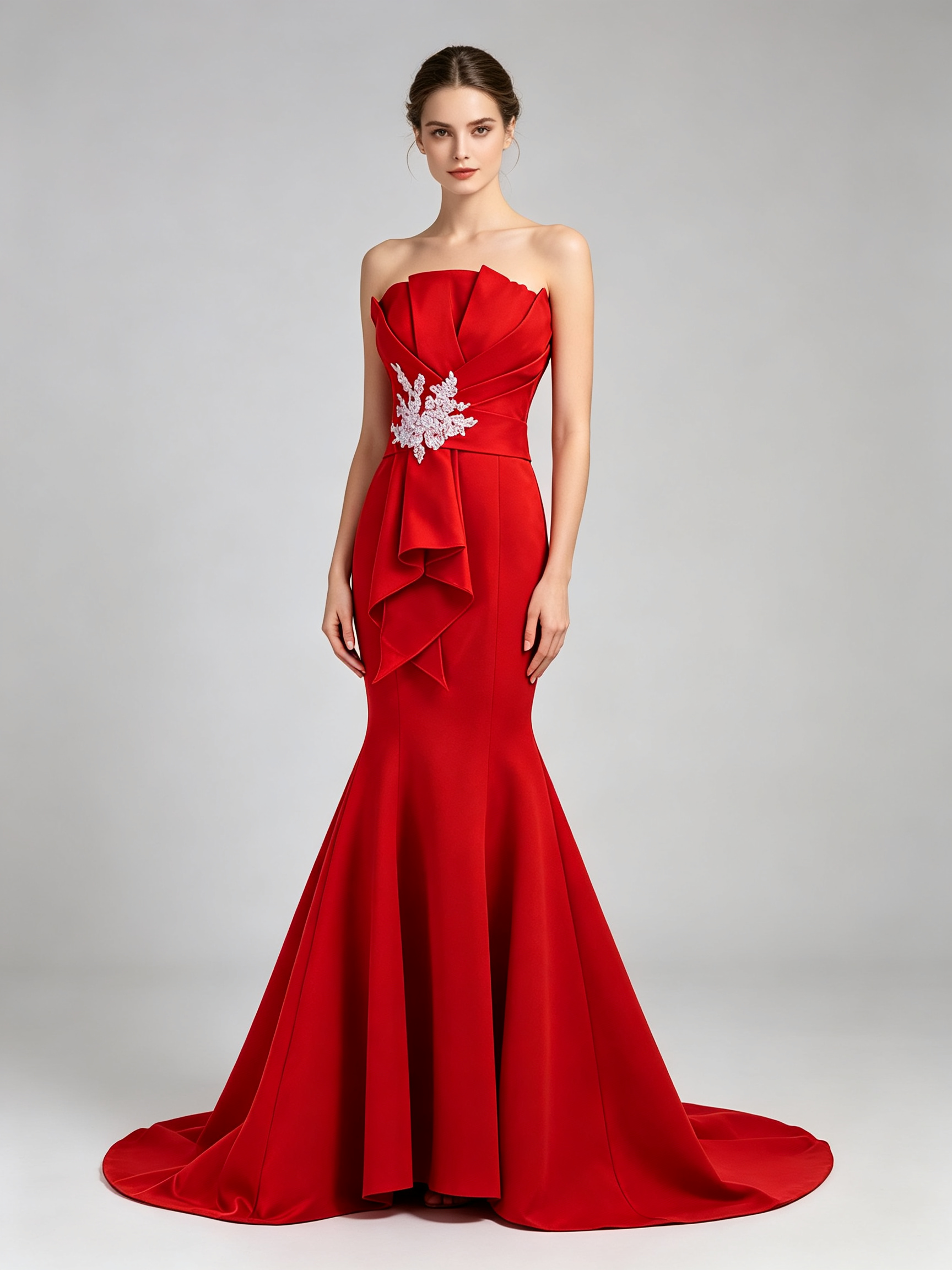 Red Mermaid Prom Dress - Strapless Formal Dress with Lace Applique Detail