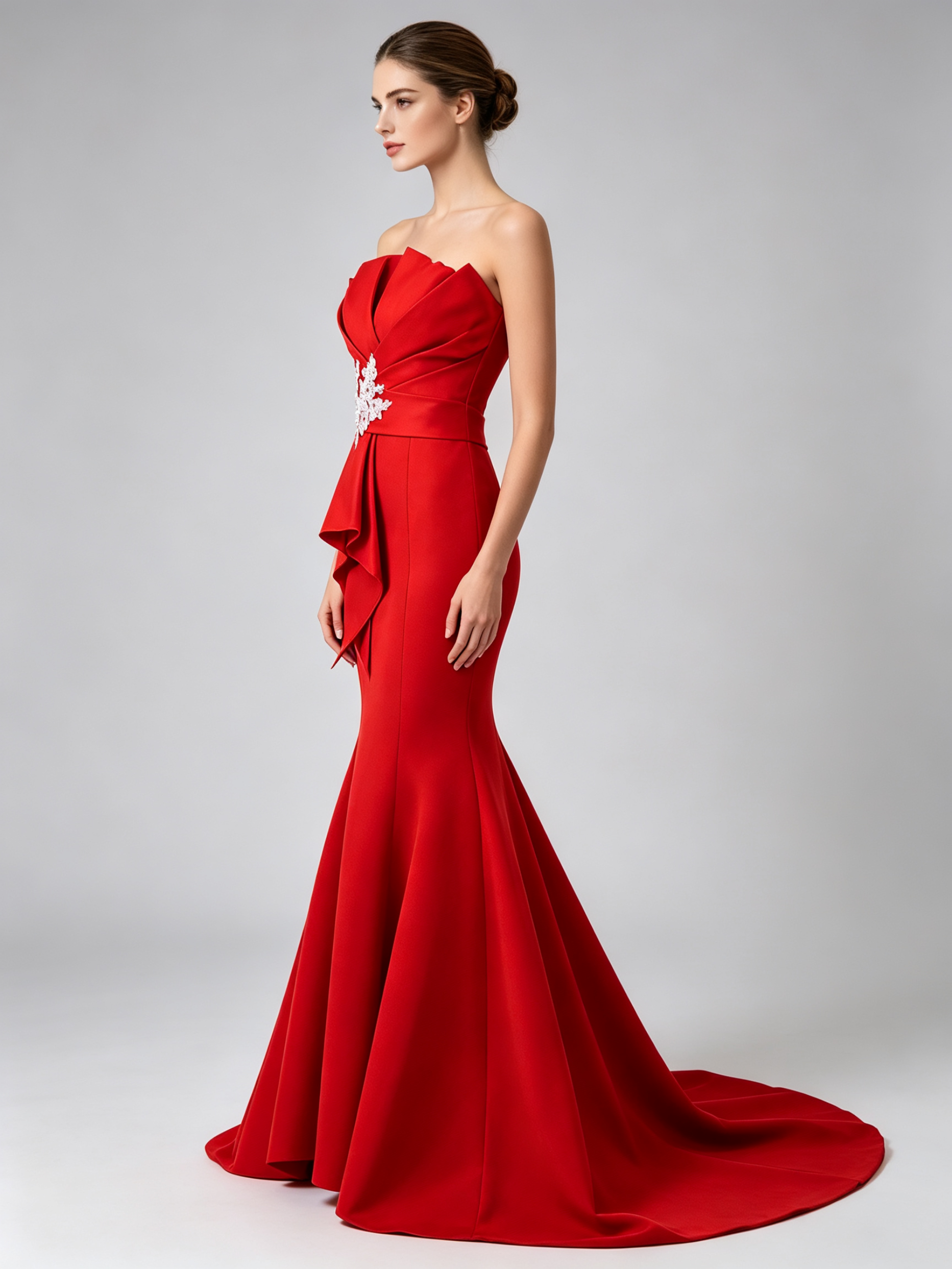 Red Mermaid Prom Dress - Strapless Formal Dress with Lace Applique Detail