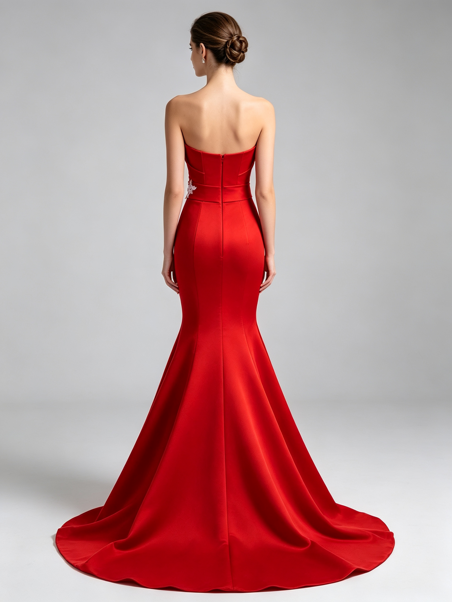 Red Mermaid Prom Dress - Strapless Formal Dress with Lace Applique Detail