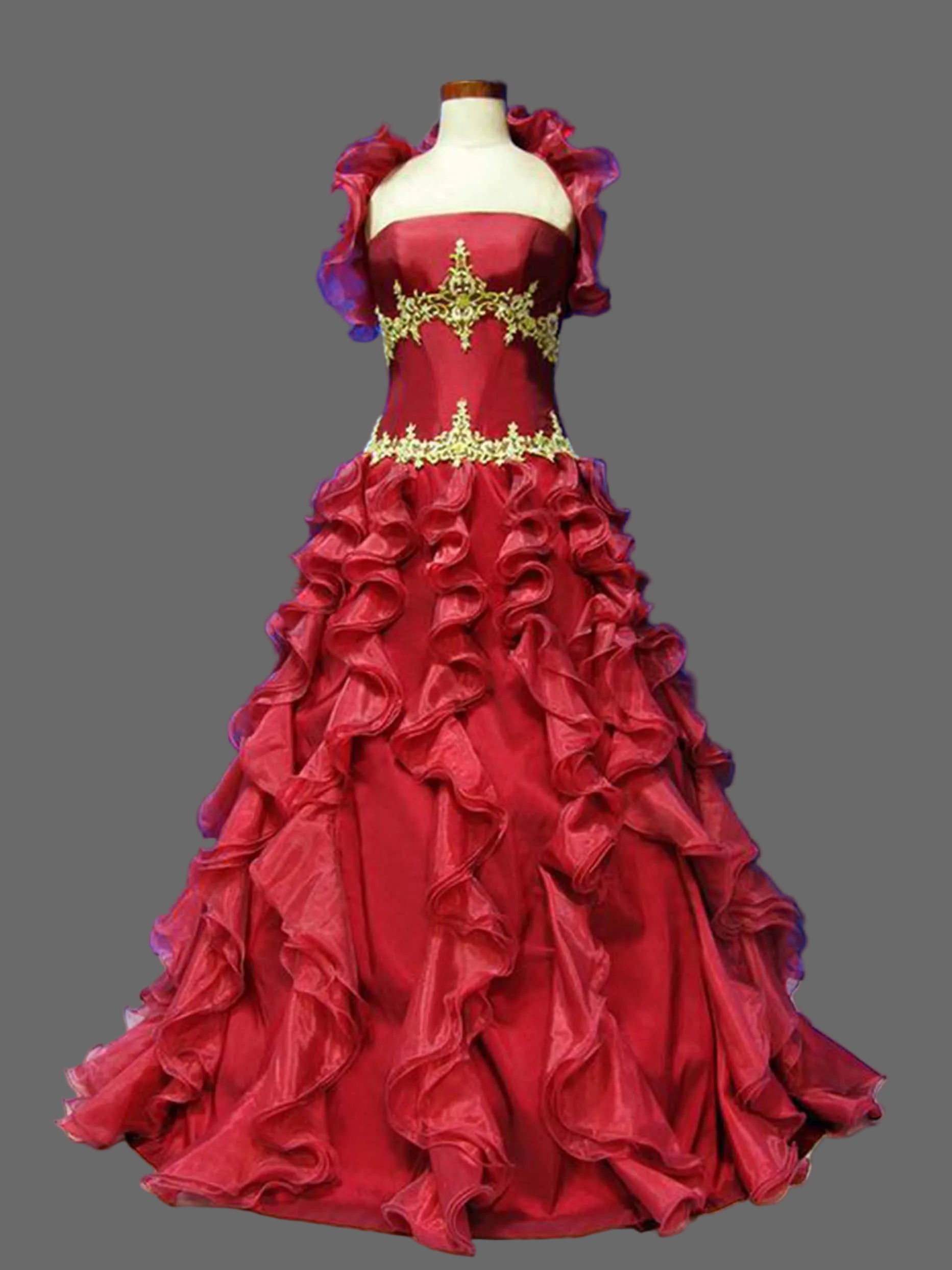 Red Quinceanera Dress with Gold Lace Appliques | Strapless Ruffled Ball Gown