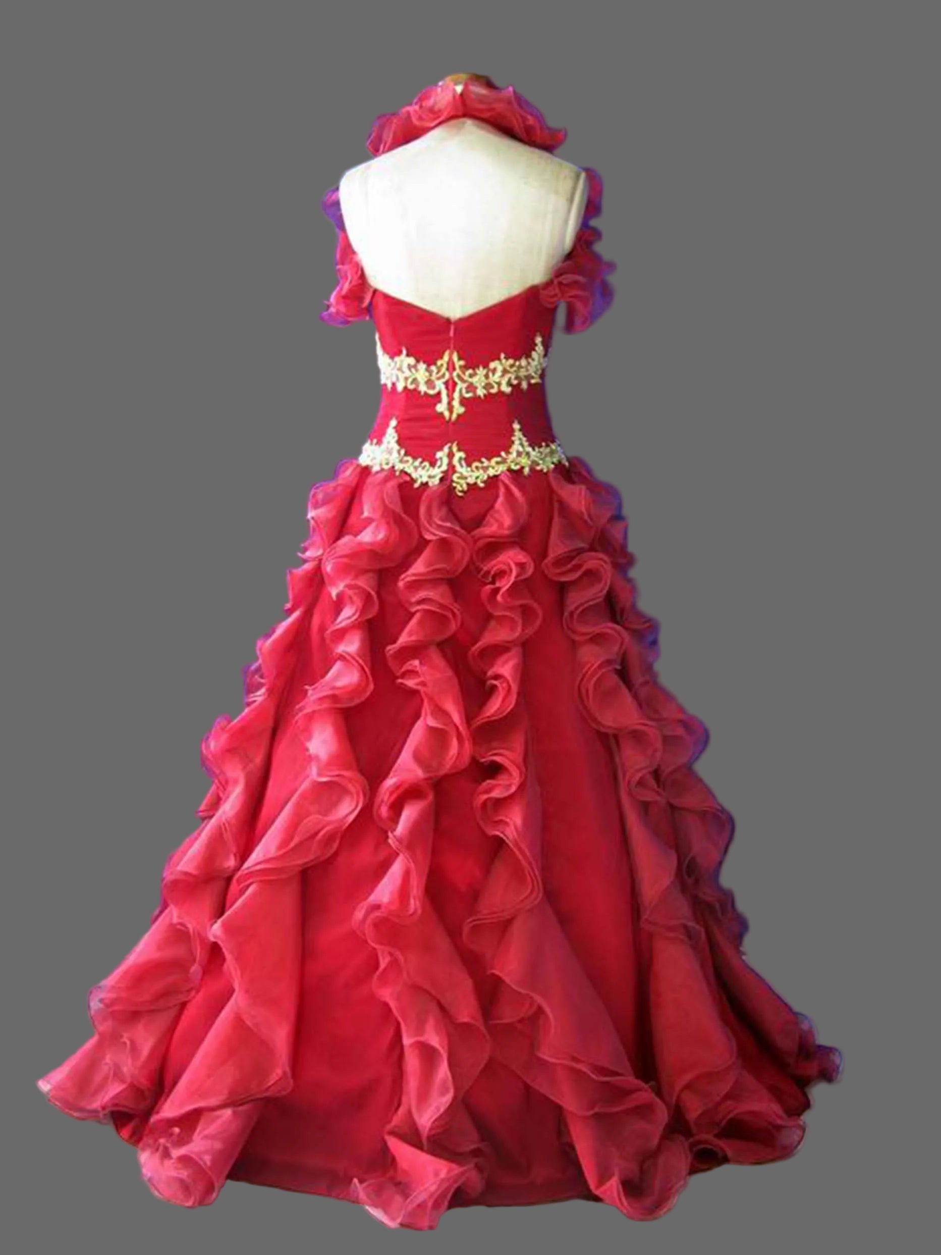 Red Quinceanera Dress with Gold Lace Appliques | Strapless Ruffled Ball Gown