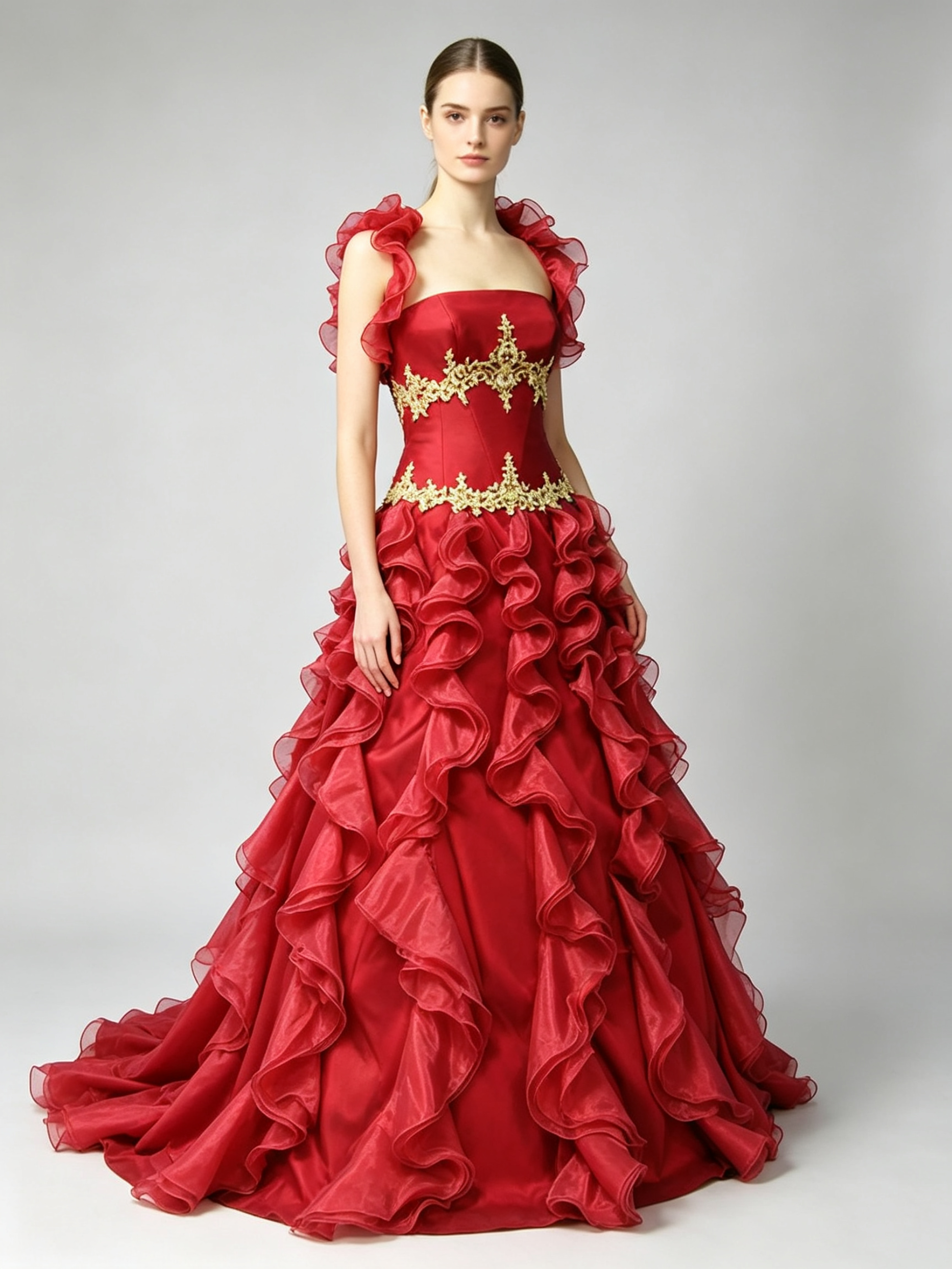 Red Quinceanera Dress with Gold Lace Appliques | Strapless Ruffled Ball Gown