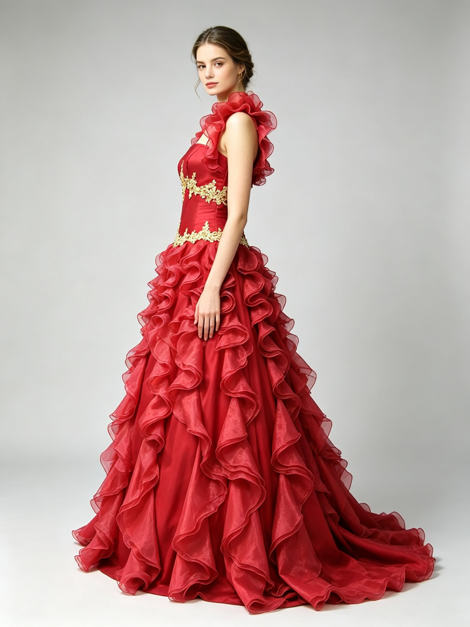 Red Quinceanera Dress with Gold Lace Appliques | Strapless Ruffled Ball Gown
