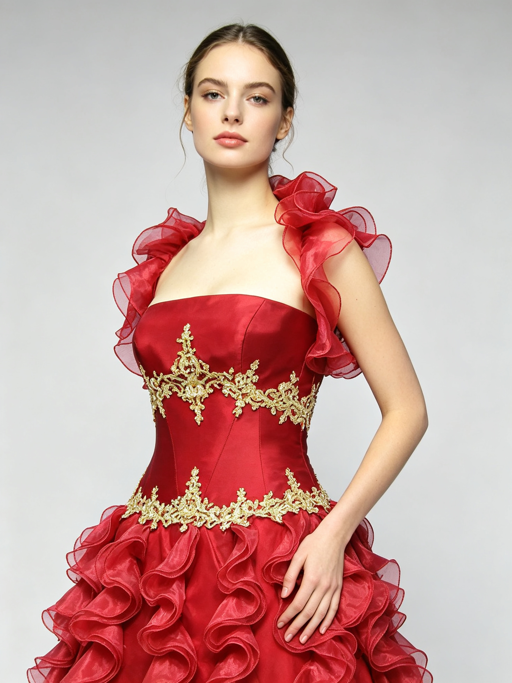 Red Quinceanera Dress with Gold Lace Appliques | Strapless Ruffled Ball Gown