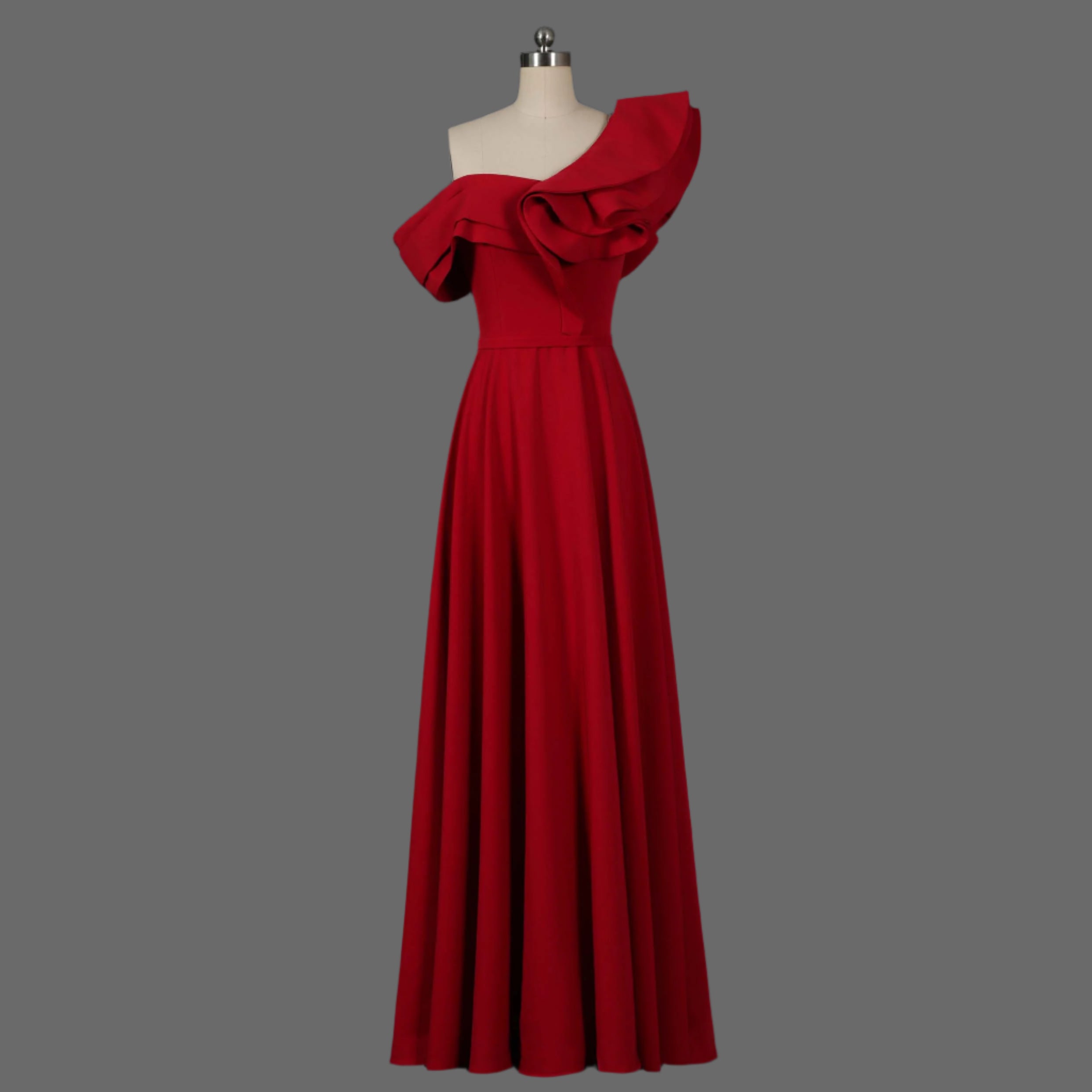 Red Ruffled One-Shoulder Prom Dress