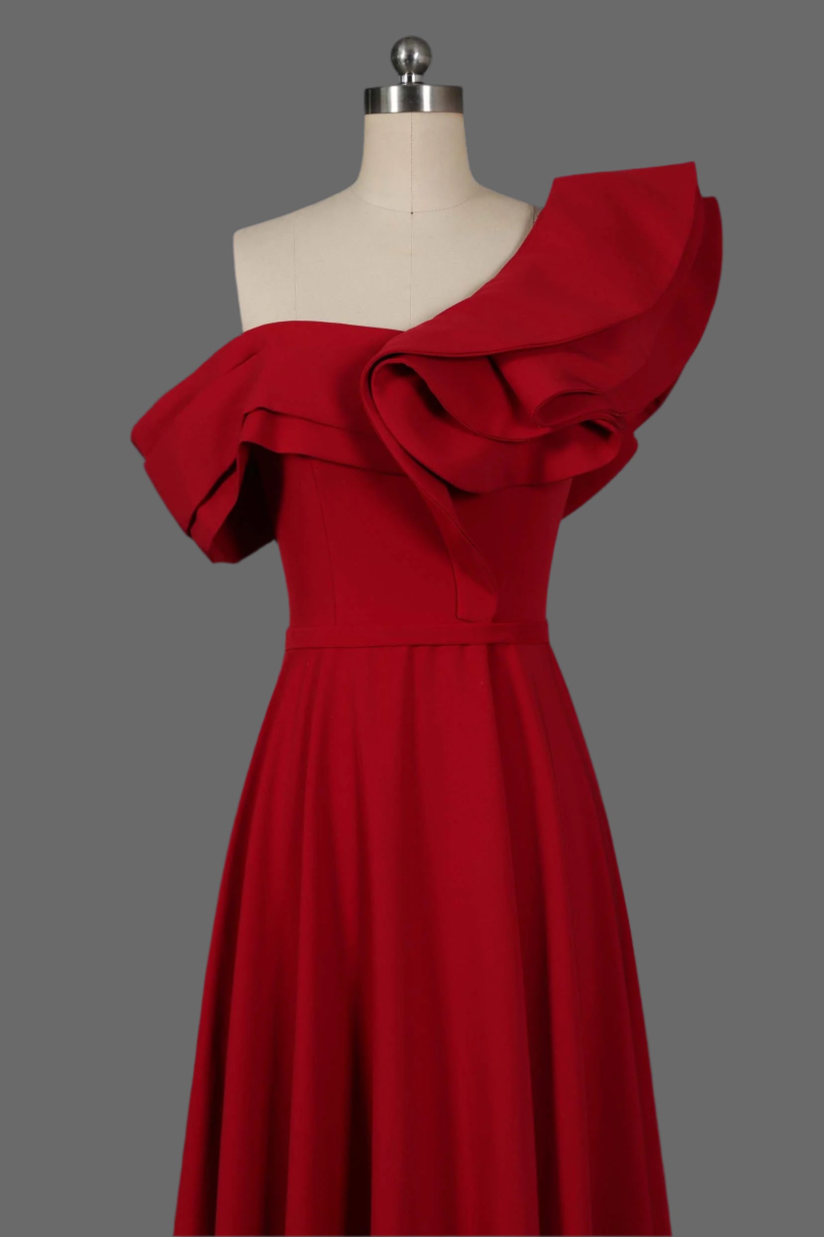 Red Ruffled One-Shoulder Prom Dress