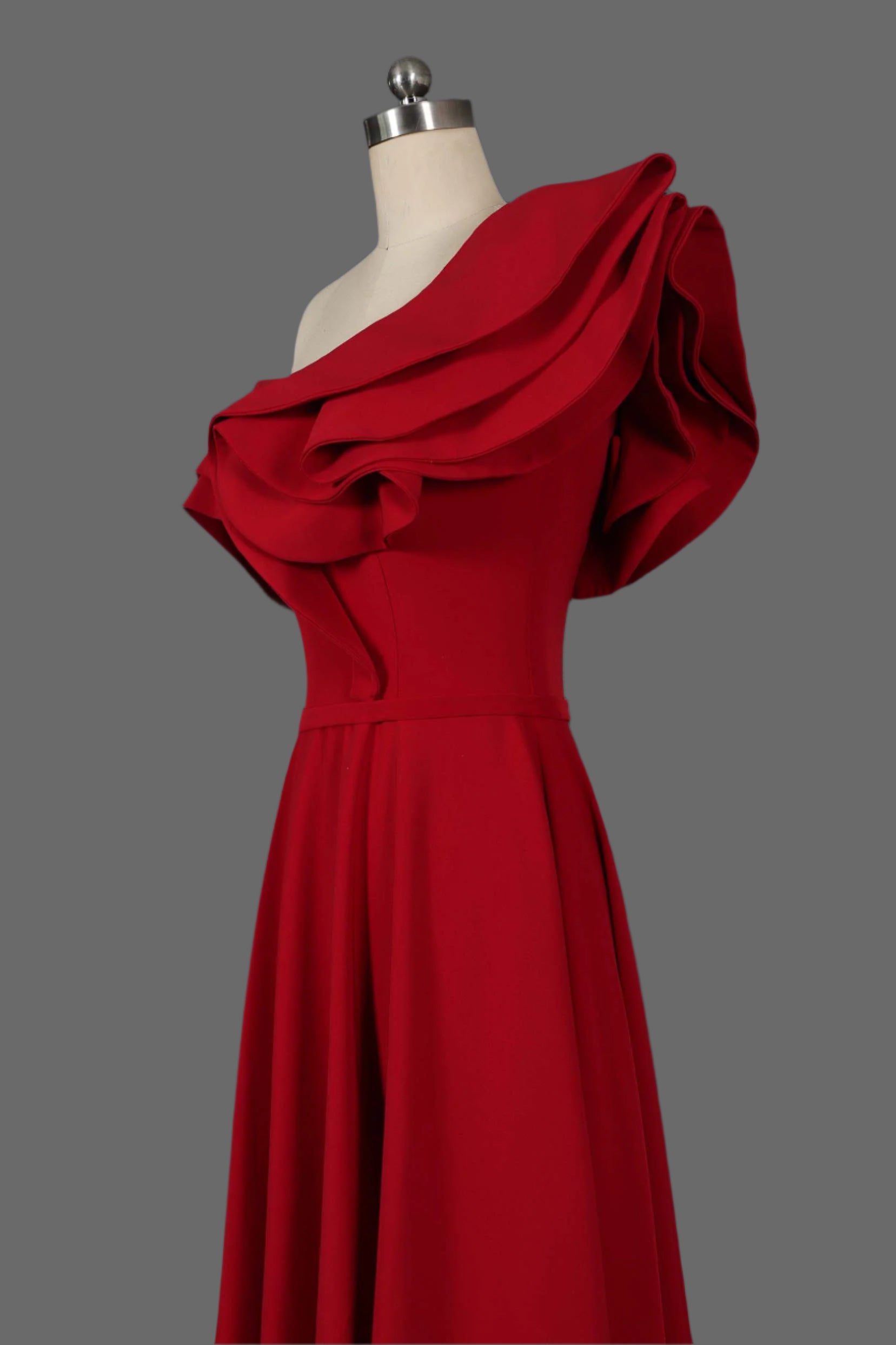 Red Ruffled One-Shoulder Prom Dress