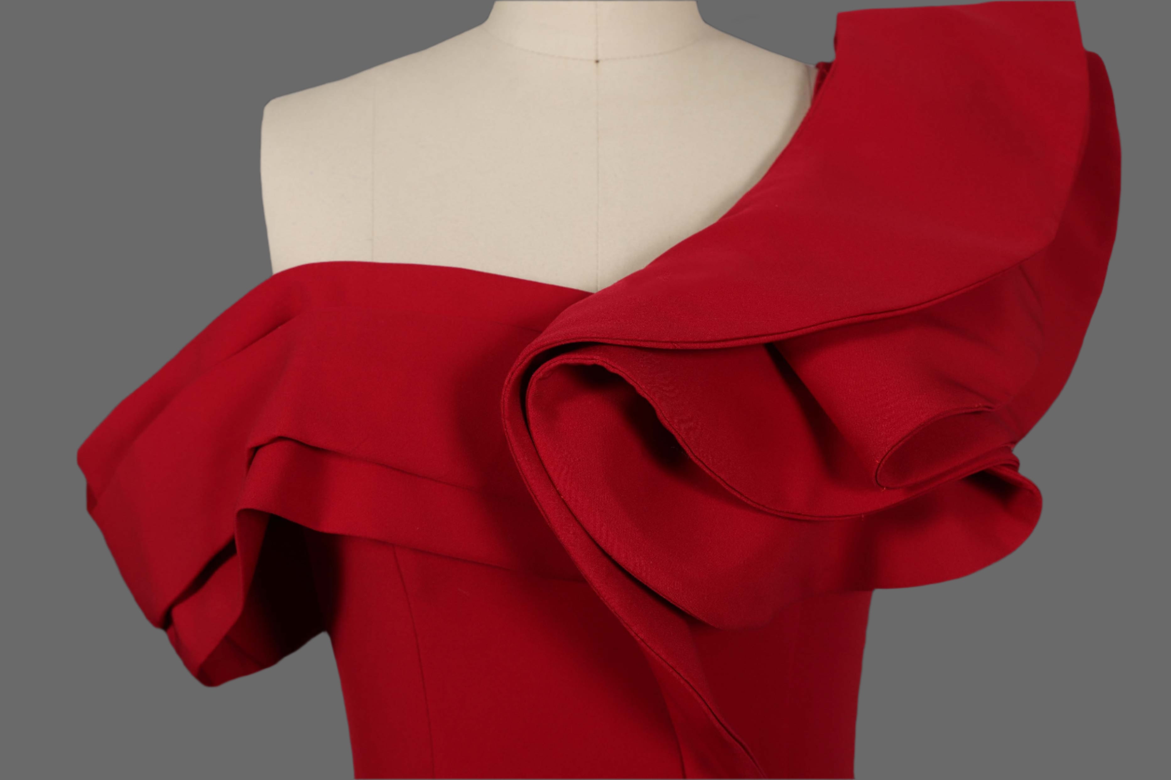 Red Ruffled One-Shoulder Prom Dress