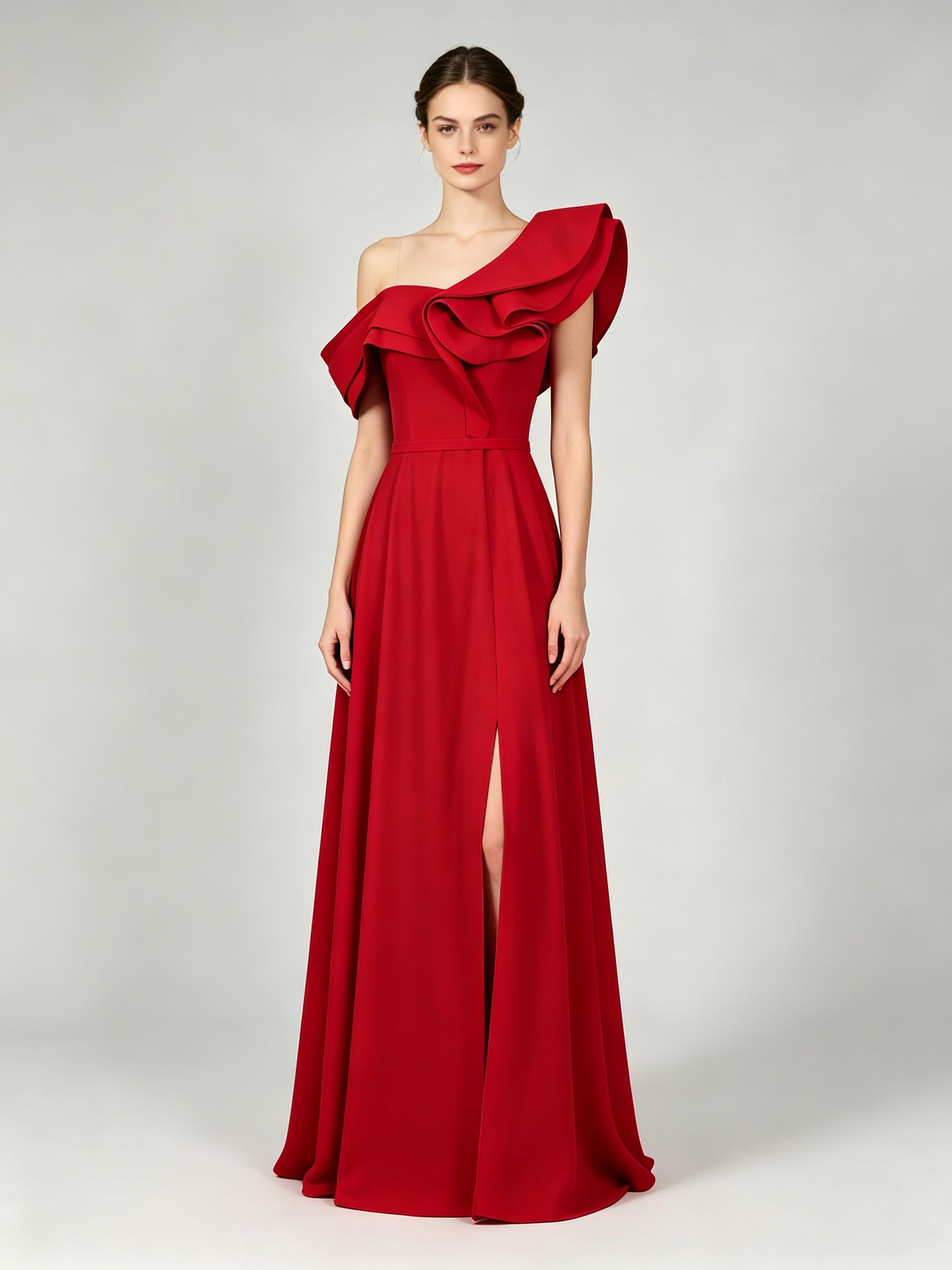 Red Ruffled One-Shoulder Prom Dress