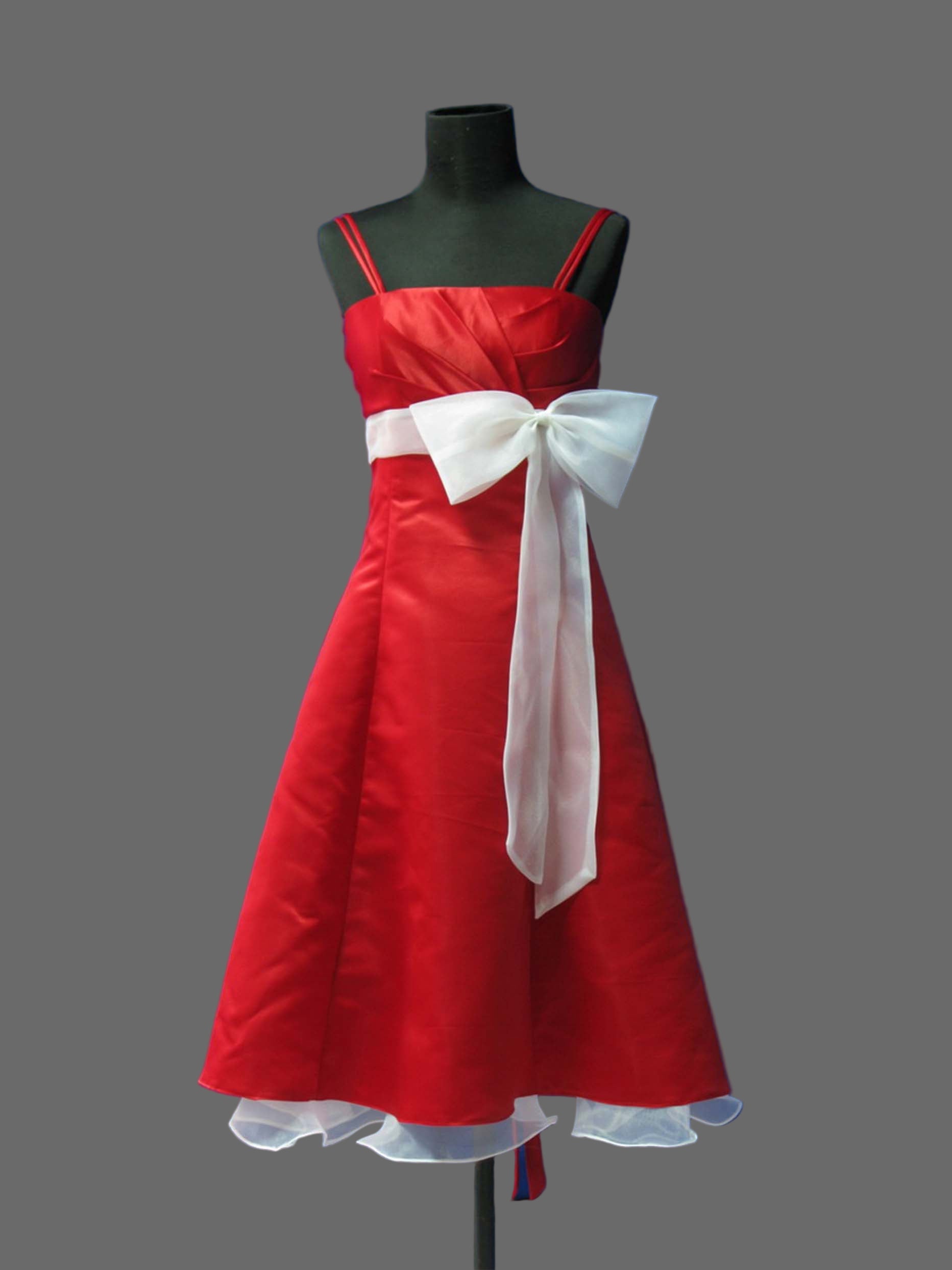 Red Satin Cocktail Dress with White Bow Sash - A-Line Knee Length Bridesmaid Dress