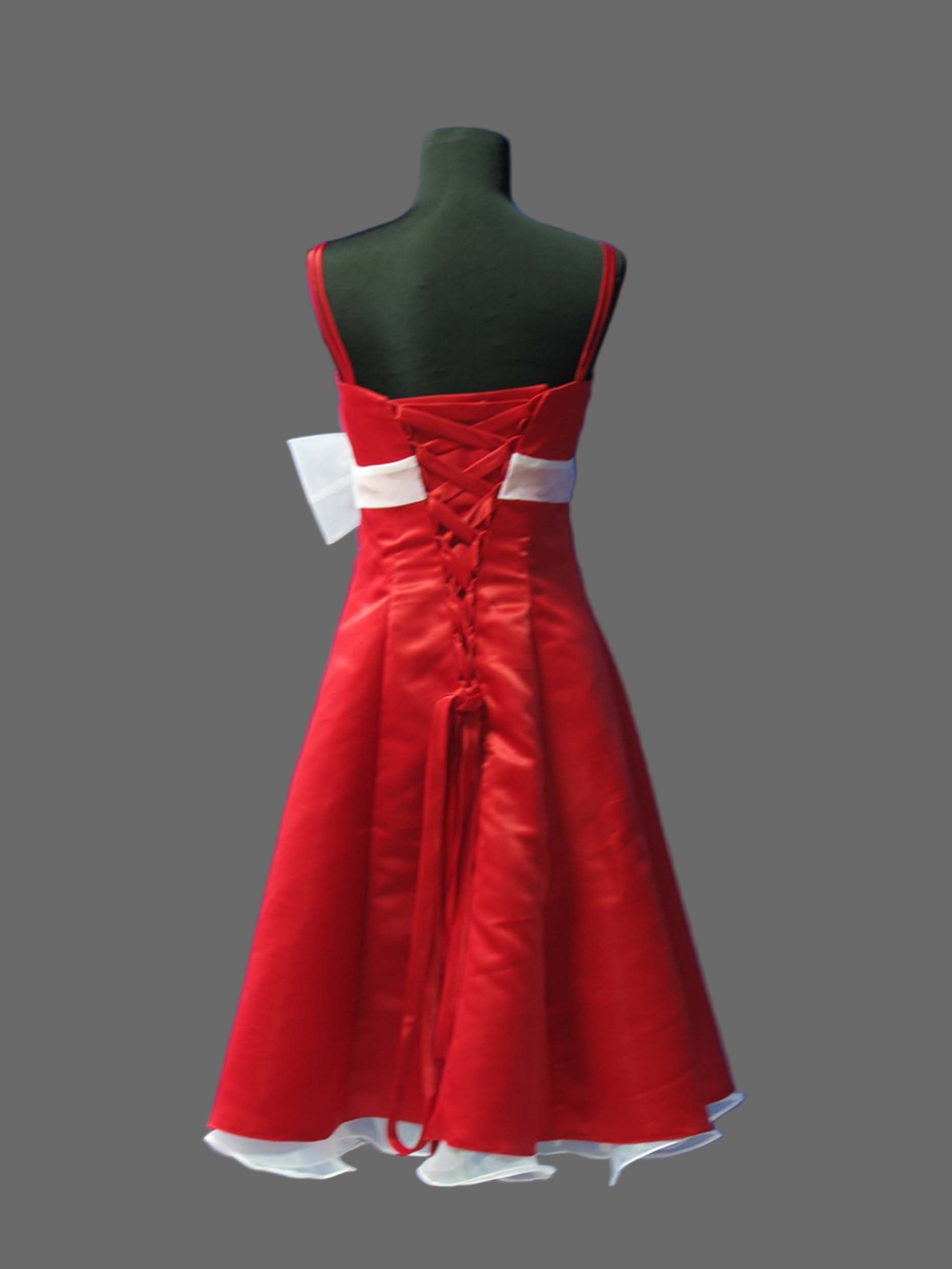 Red Satin Cocktail Dress with White Bow Sash - A-Line Knee Length Bridesmaid Dress