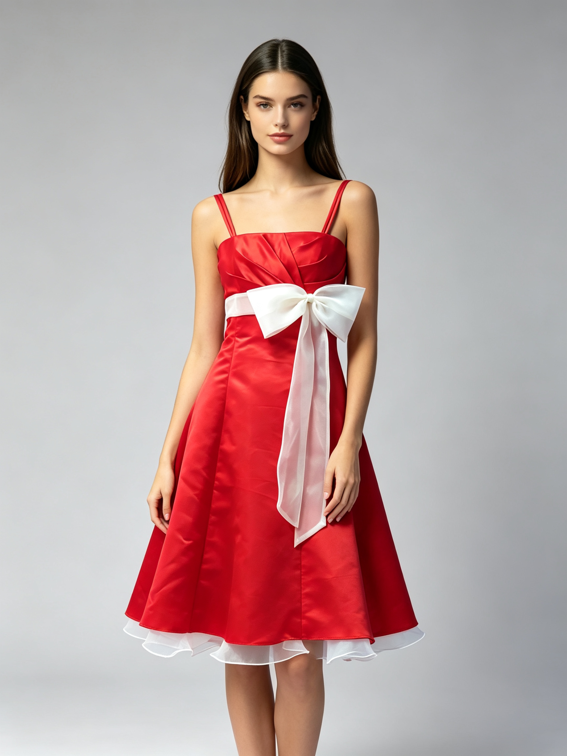 Red Satin Cocktail Dress with White Bow Sash - A-Line Knee Length Bridesmaid Dress