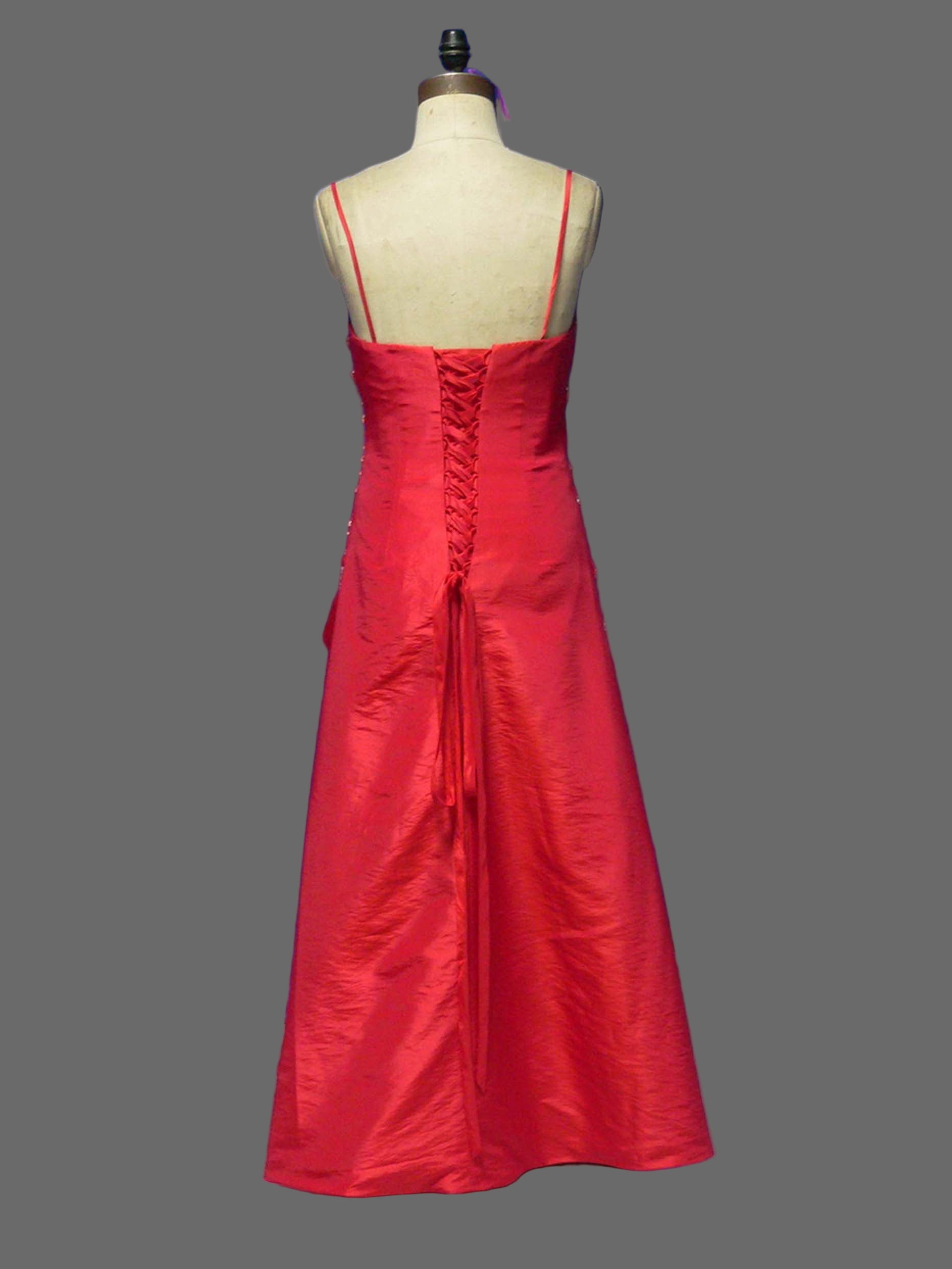Red Spaghetti Strap Beaded Evening Dress Elegant Ruched Formal Gown