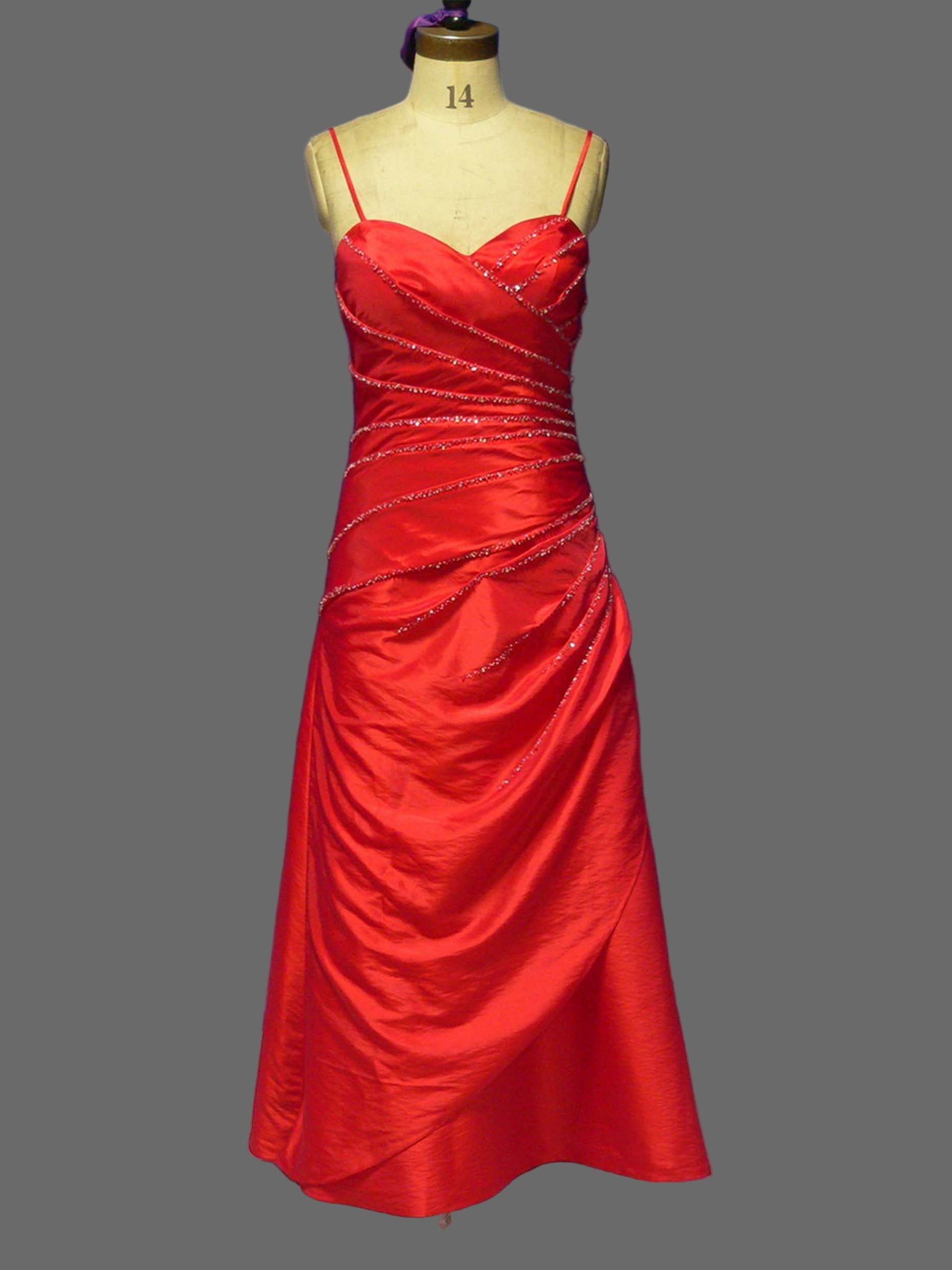 Red Taffeta Evening Gown with Beaded Embellishment - Elegant Spaghetti Strap Formal Dress