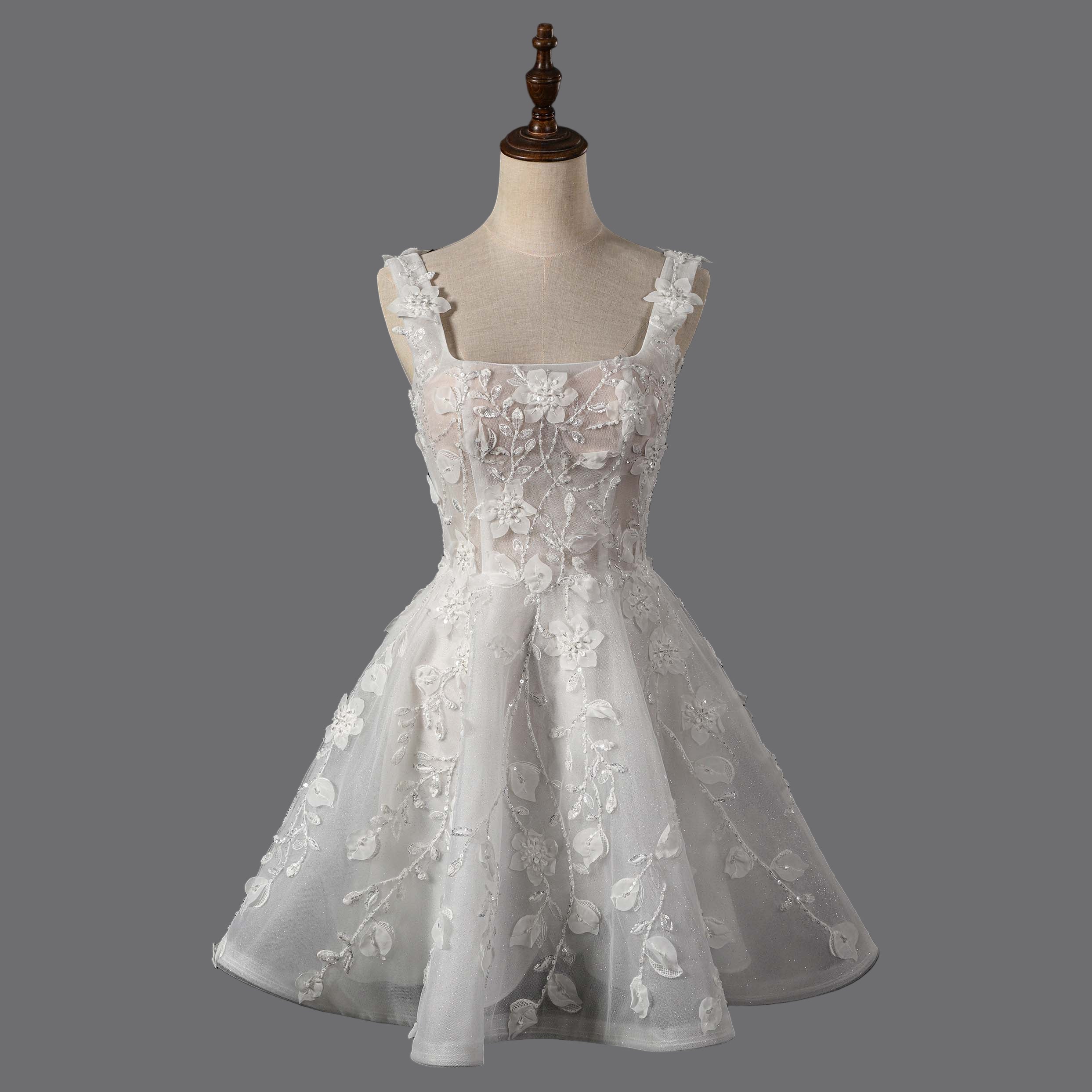 Romantic Ivory Ballgown with Floral Lace Appliqués and Square Neckline