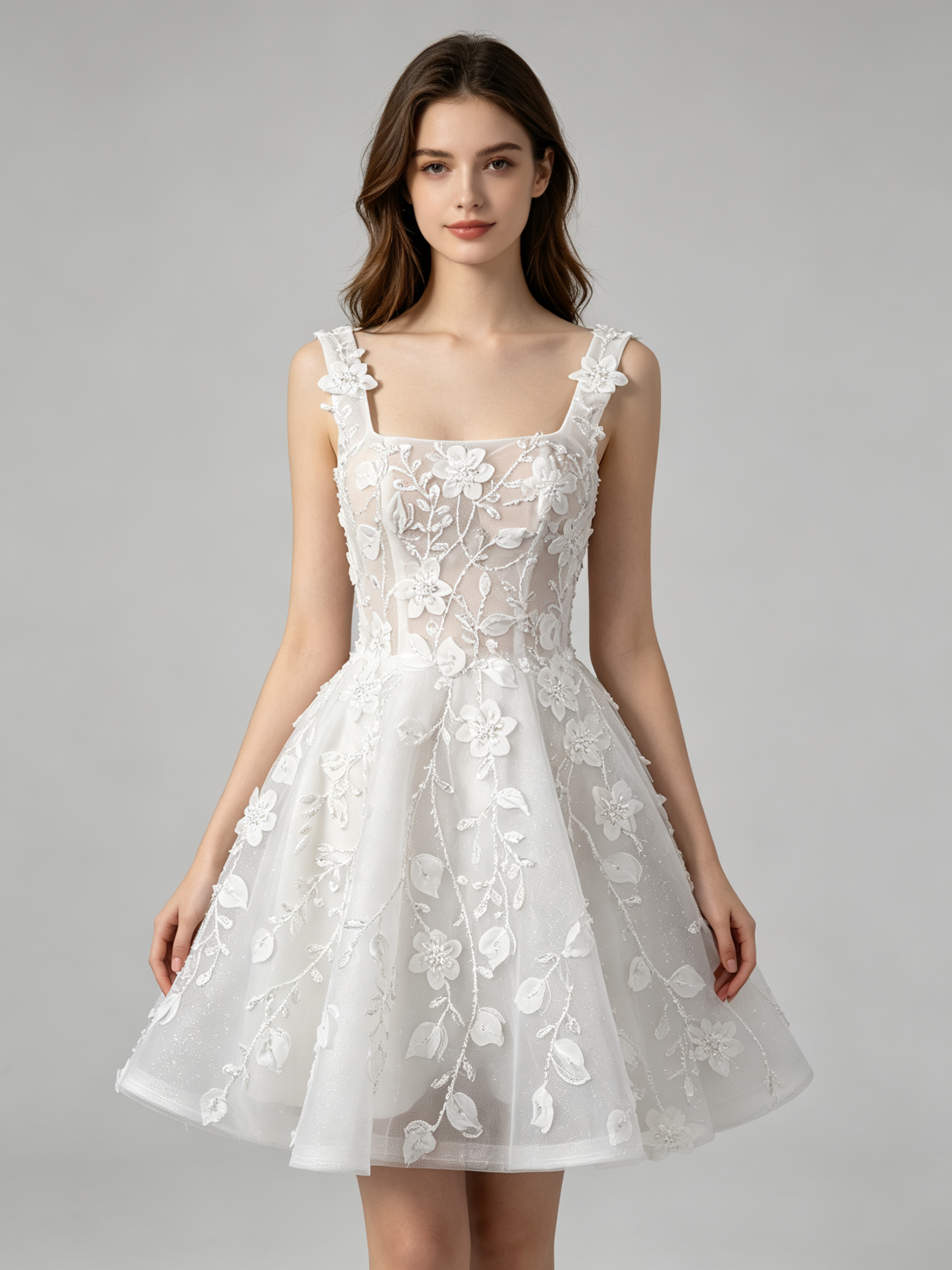 Romantic Ivory Ballgown with Floral Lace Appliqués and Square Neckline