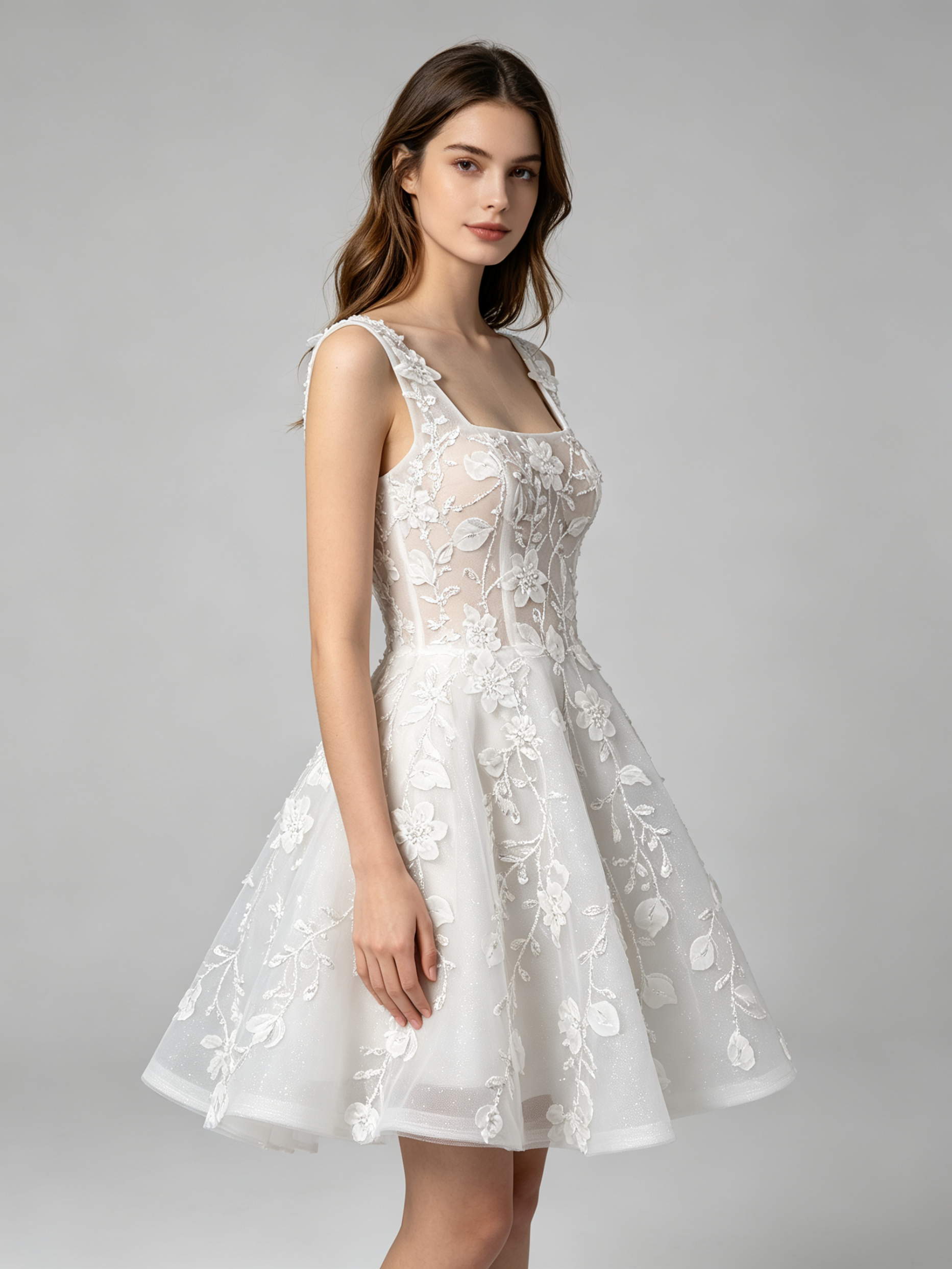 Romantic Ivory Ballgown with Floral Lace Appliqués and Square Neckline