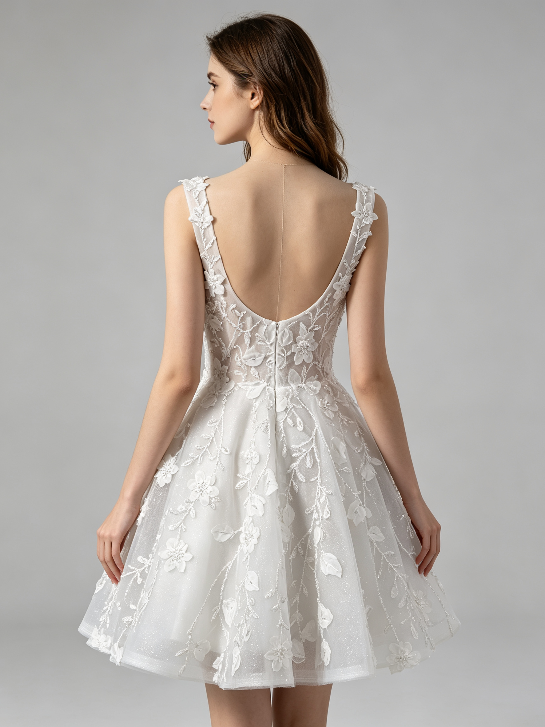Romantic Ivory Ballgown with Floral Lace Appliqués and Square Neckline