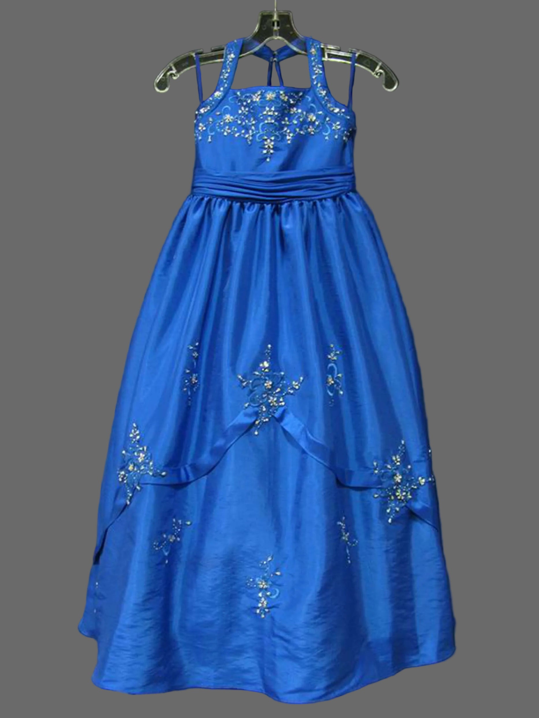Royal Blue Halter Neck Flower Girl Dress with Beaded Floral Embroidery | A-Line Satin Girls Gown