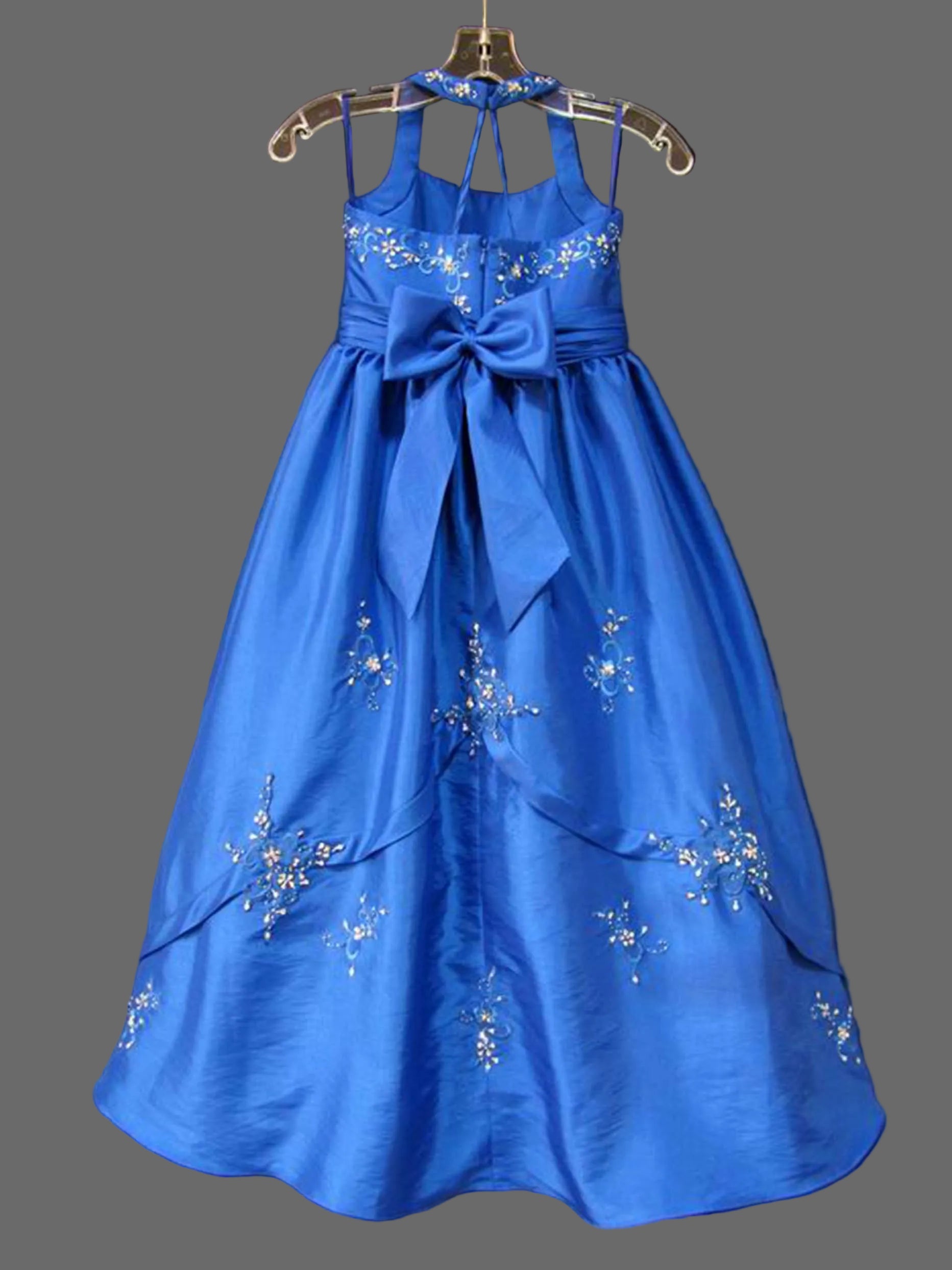 Royal Blue Halter Neck Flower Girl Dress with Beaded Floral Embroidery | A-Line Satin Girls Gown
