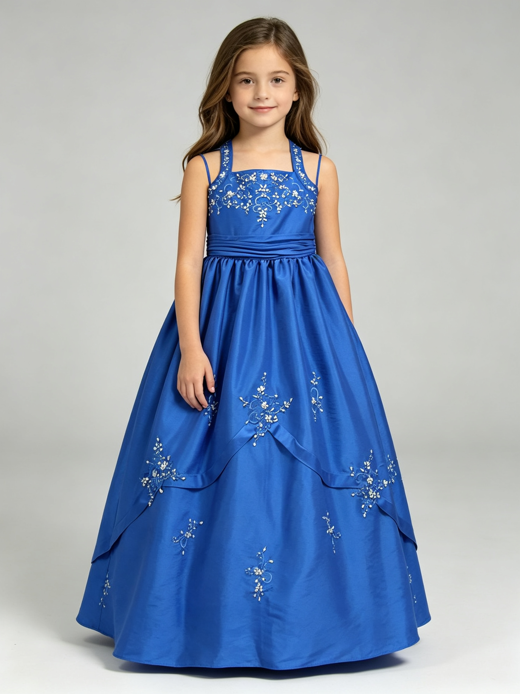 Royal Blue Halter Neck Flower Girl Dress with Beaded Floral Embroidery | A-Line Satin Girls Gown