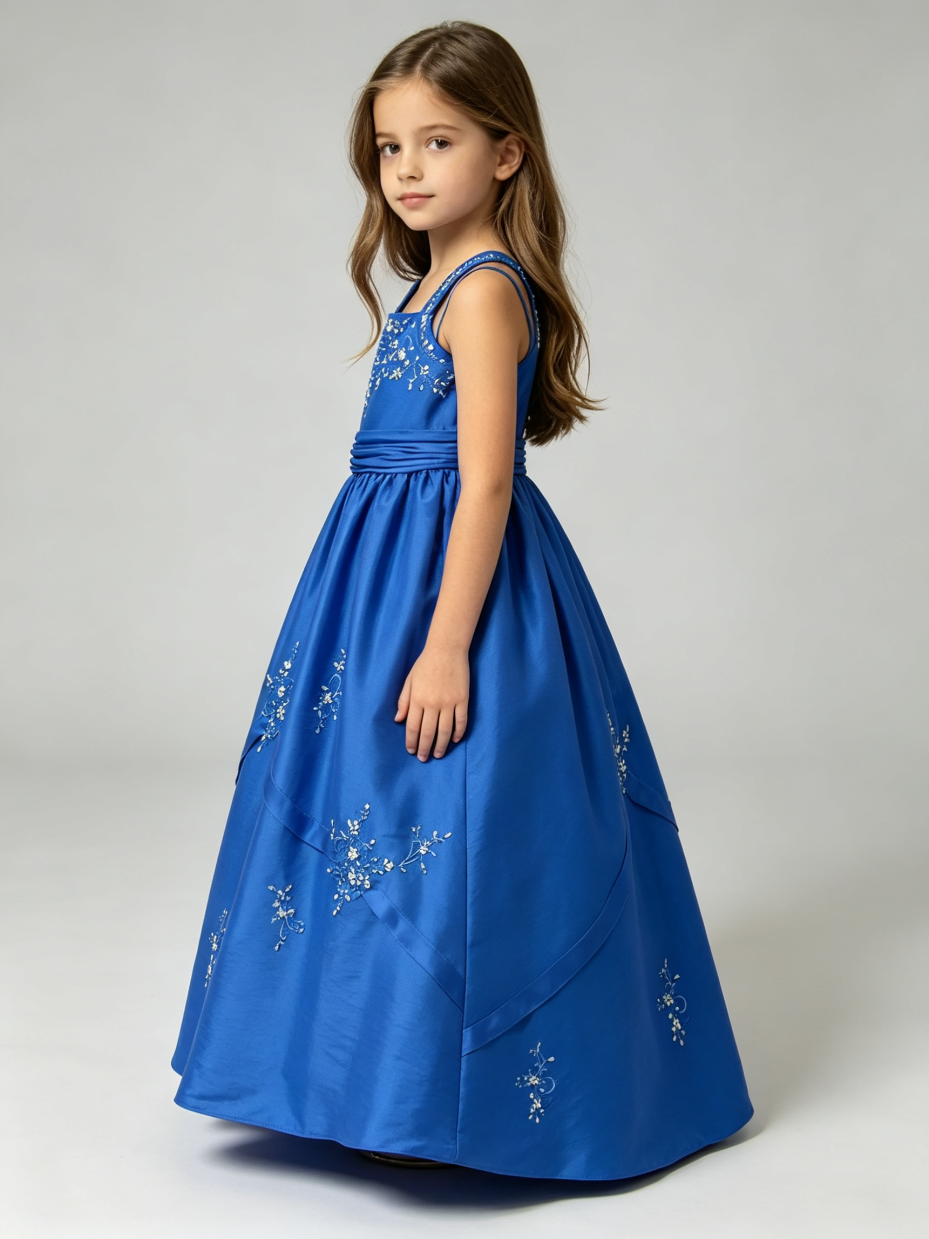 Royal Blue Halter Neck Flower Girl Dress with Beaded Floral Embroidery | A-Line Satin Girls Gown