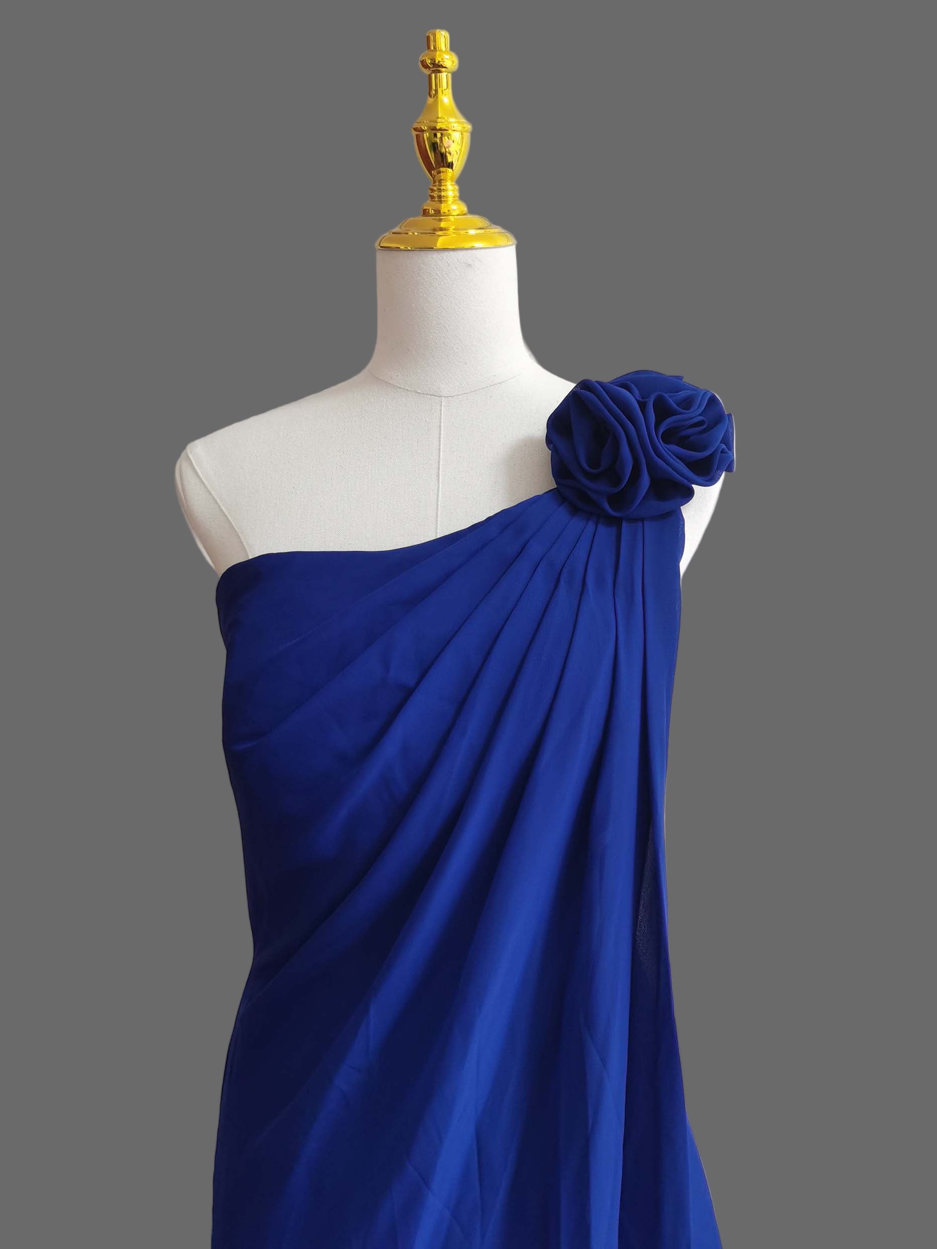 Royal Blue One Shoulder Bridesmaid Dress with Rosette Detail - Elegant Chiffon Evening Gown
