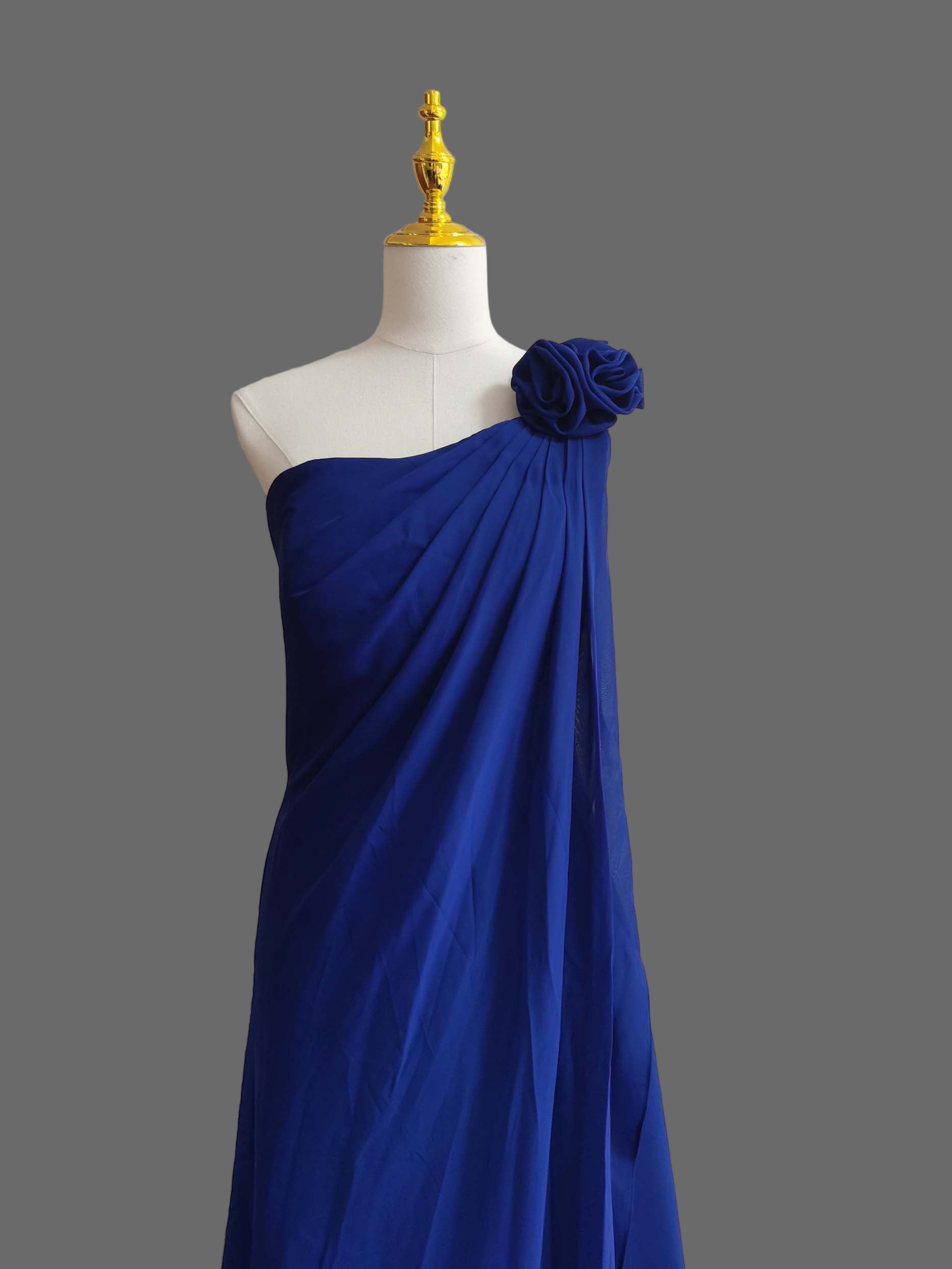 Royal Blue One Shoulder Bridesmaid Dress with Rosette Detail - Elegant Chiffon Evening Gown
