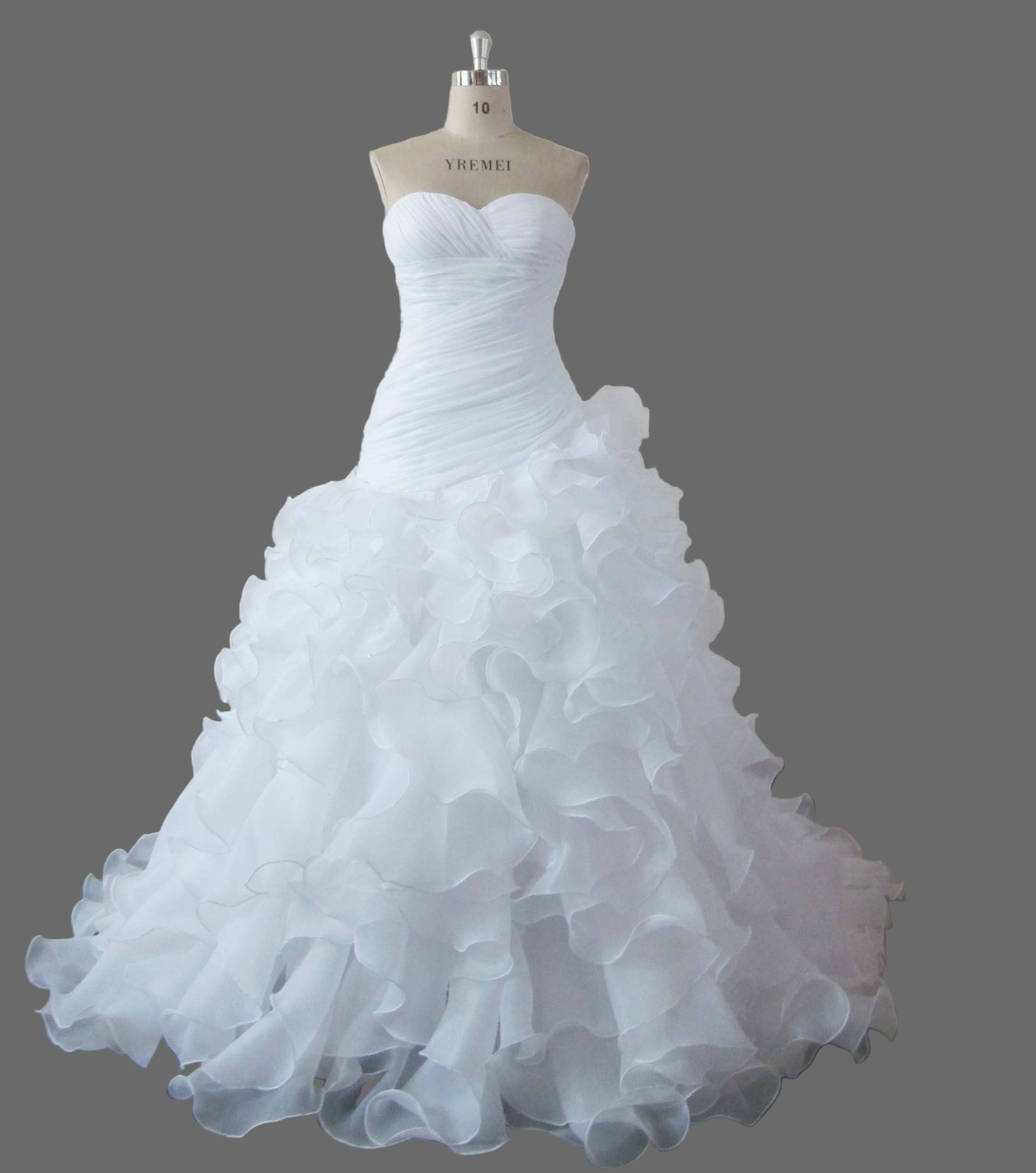 Ruffled Organza Wedding Dress - Strapless Sweetheart Ball Gown with Cathedral Train