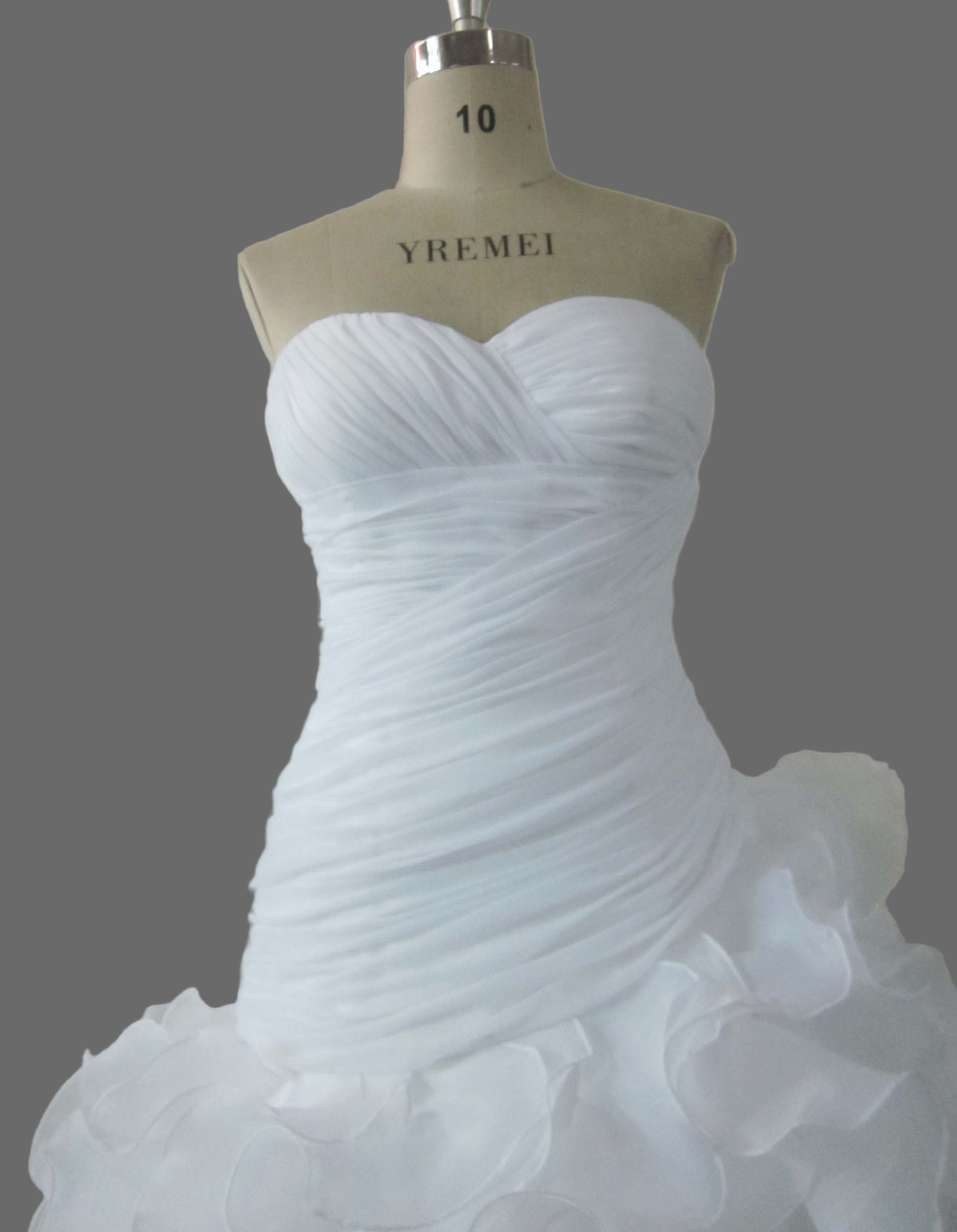 Ruffled Organza Wedding Dress - Strapless Sweetheart Ball Gown with Cathedral Train