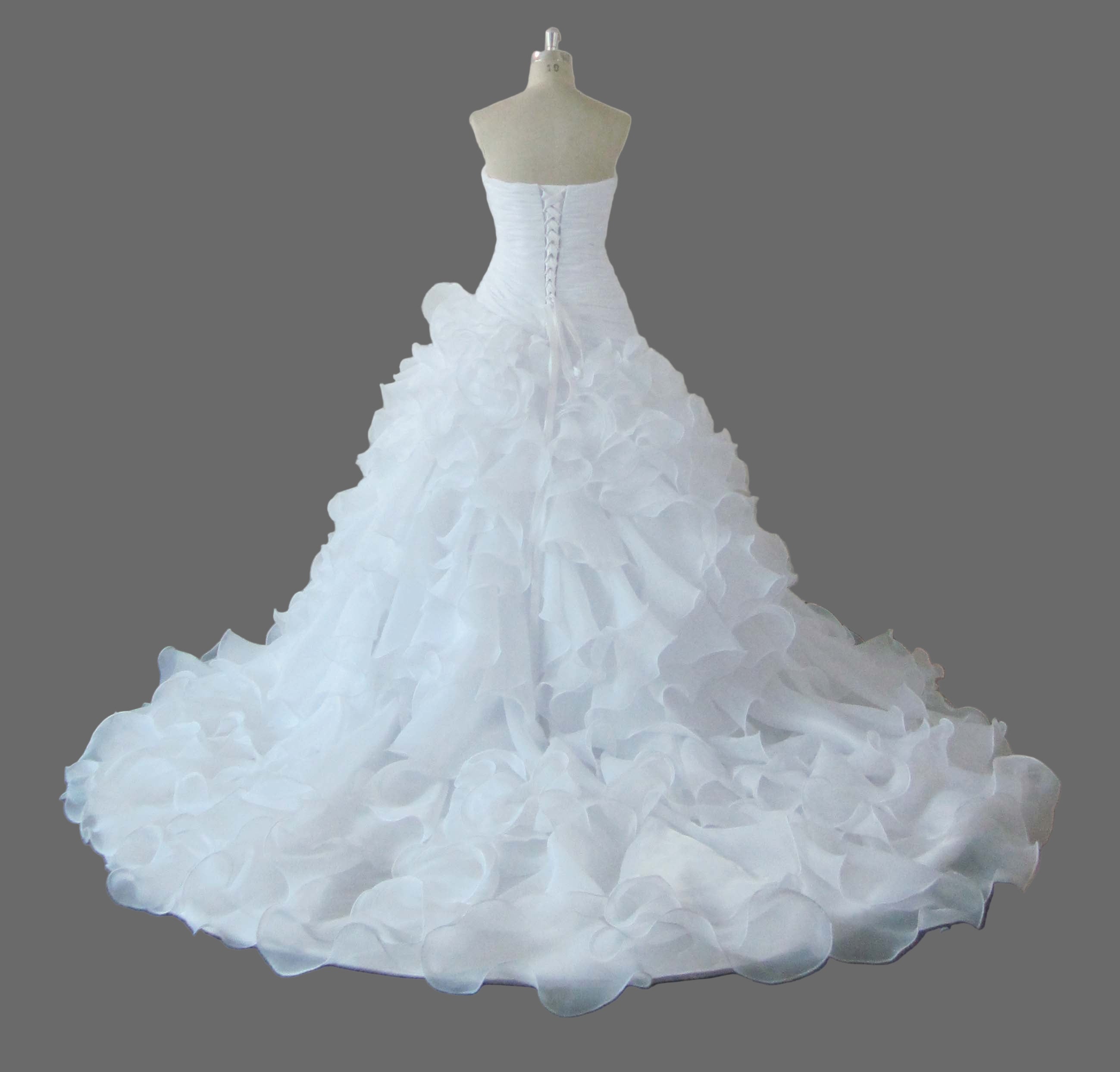 Ruffled Organza Wedding Dress - Strapless Sweetheart Ball Gown with Cathedral Train