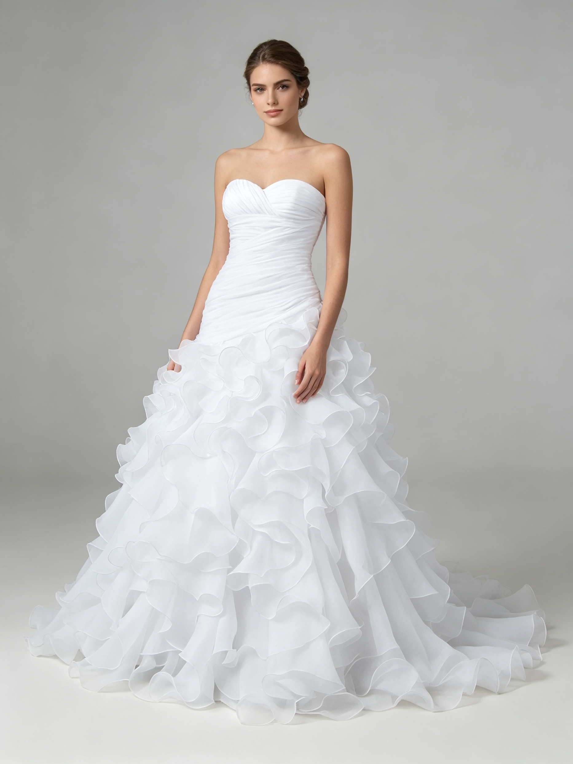 Ruffled Organza Wedding Dress - Strapless Sweetheart Ball Gown with Cathedral Train