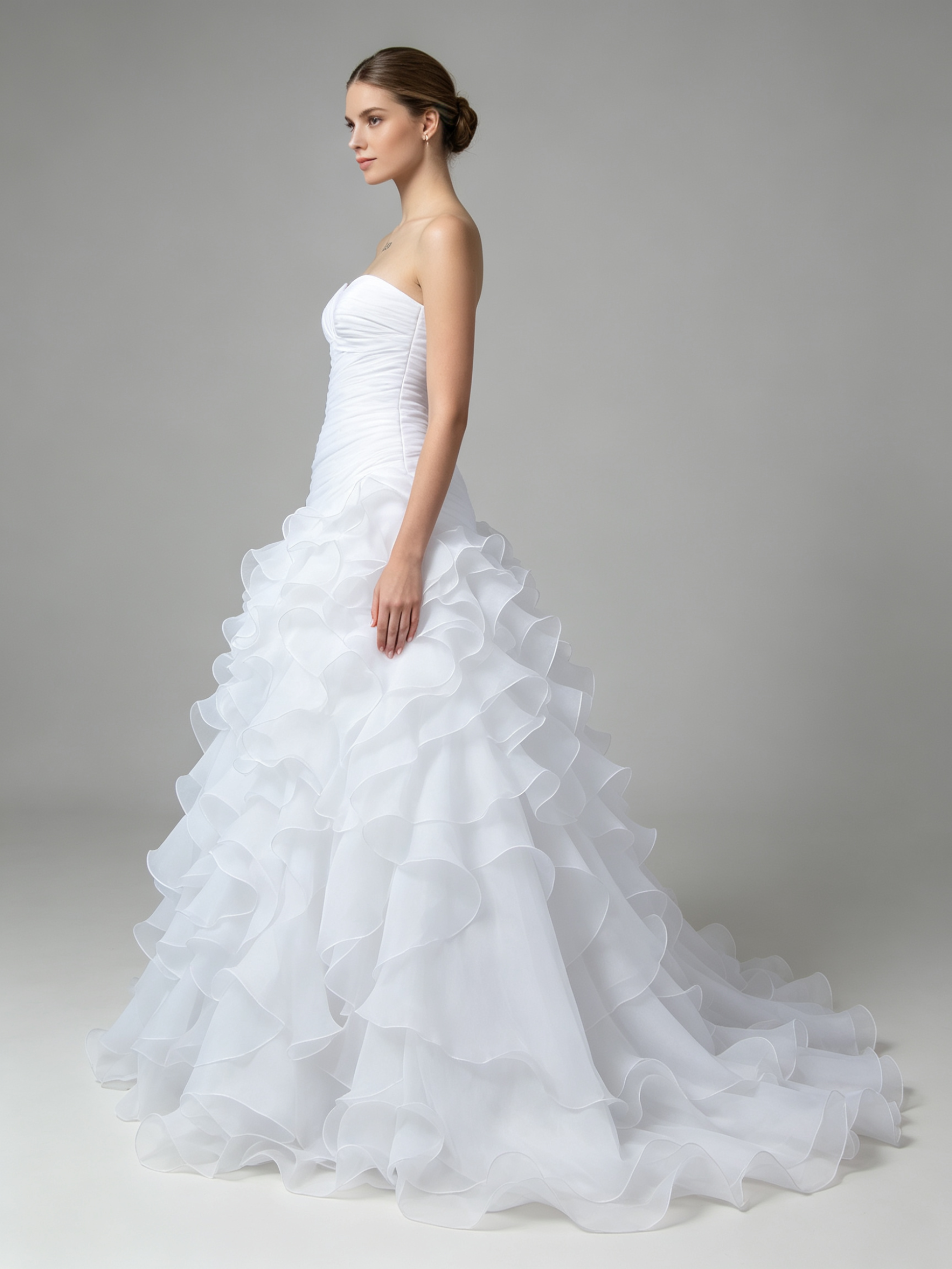 Ruffled Organza Wedding Dress - Strapless Sweetheart Ball Gown with Cathedral Train