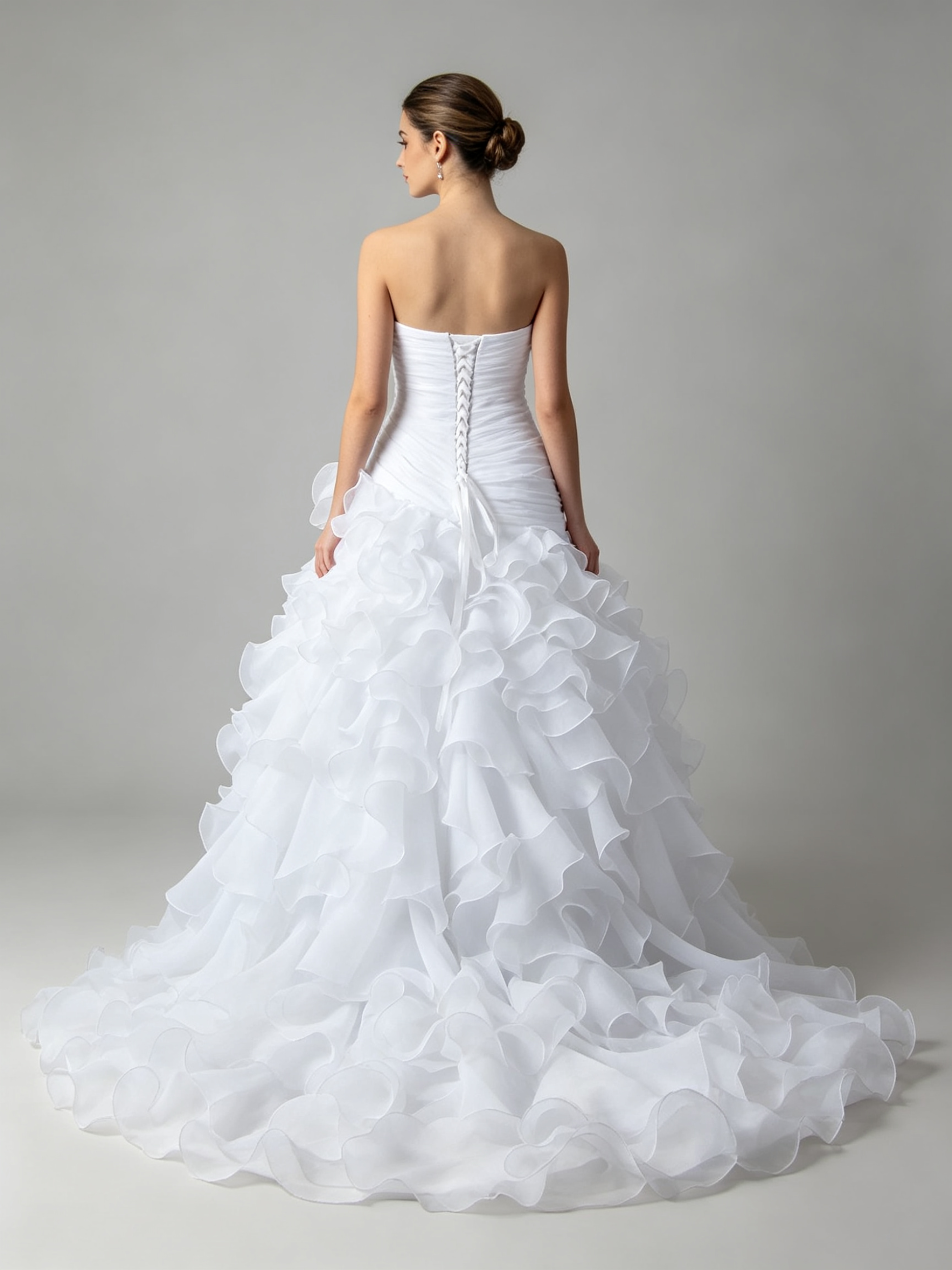 Ruffled Organza Wedding Dress - Strapless Sweetheart Ball Gown with Cathedral Train