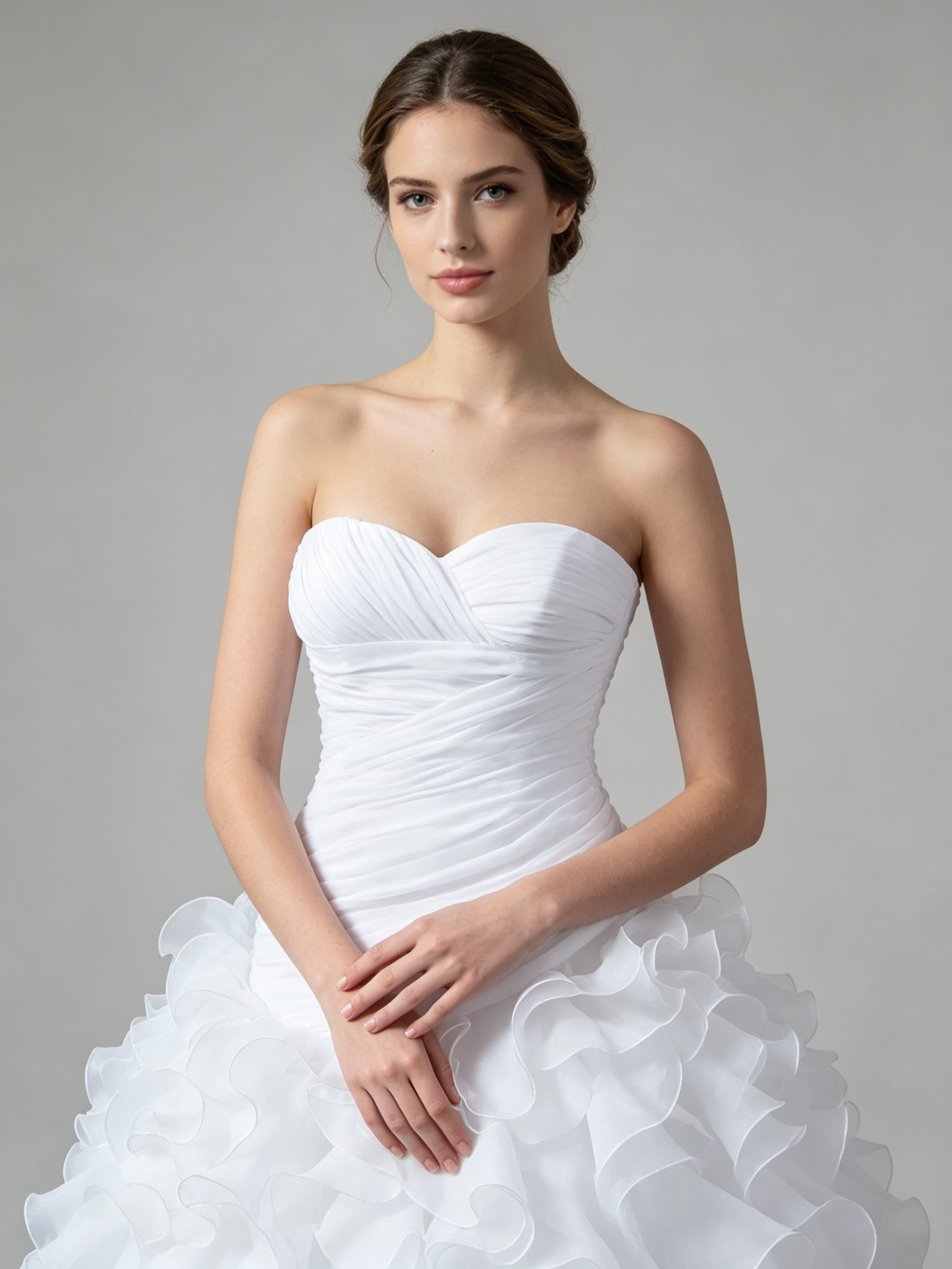Ruffled Organza Wedding Dress - Strapless Sweetheart Ball Gown with Cathedral Train