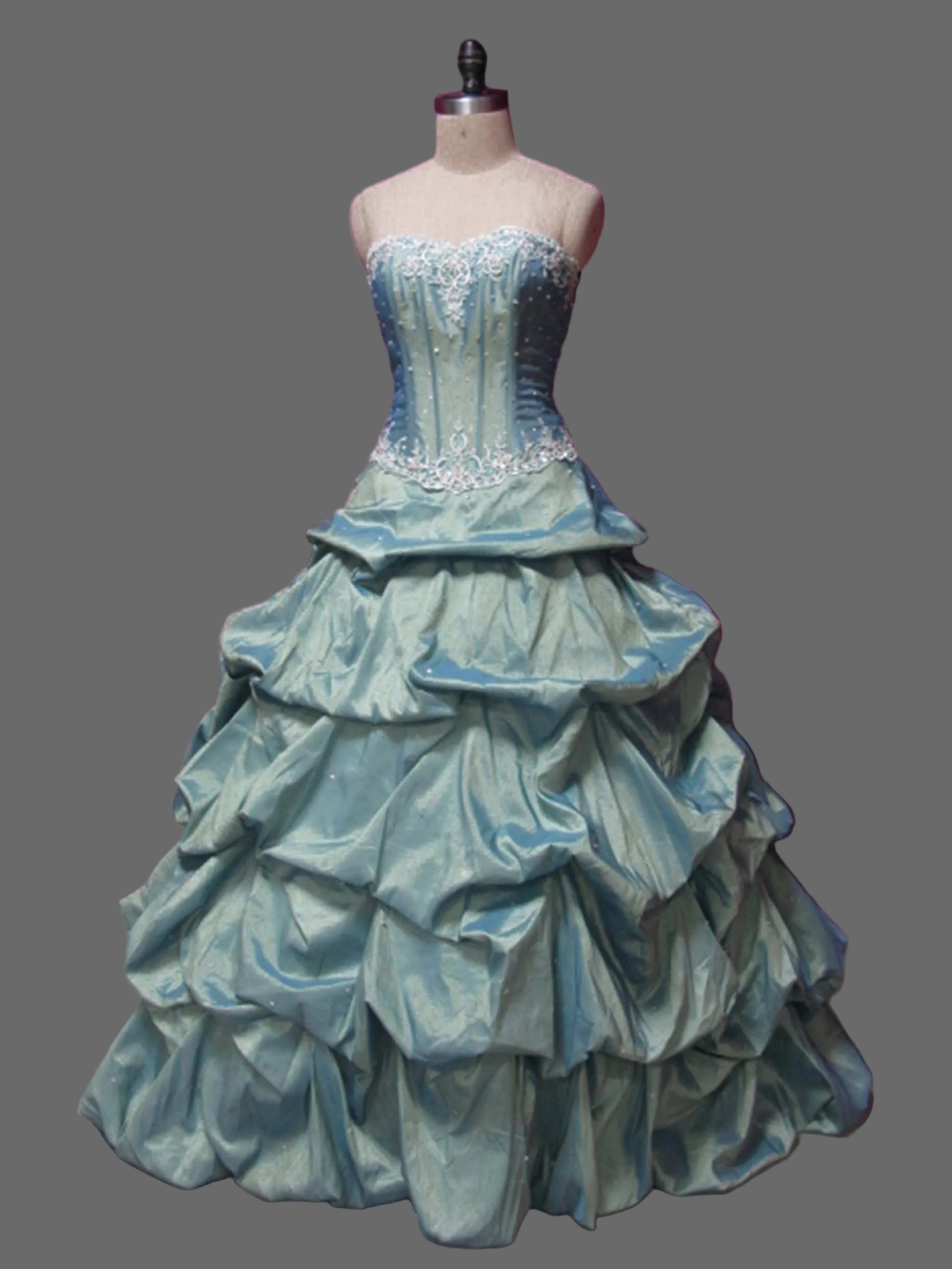 Sage Green Quinceanera Ball Gown | Corset Bodice with Silver Embroidery & Tiered Bubble Pick-Up Taffeta Skirt