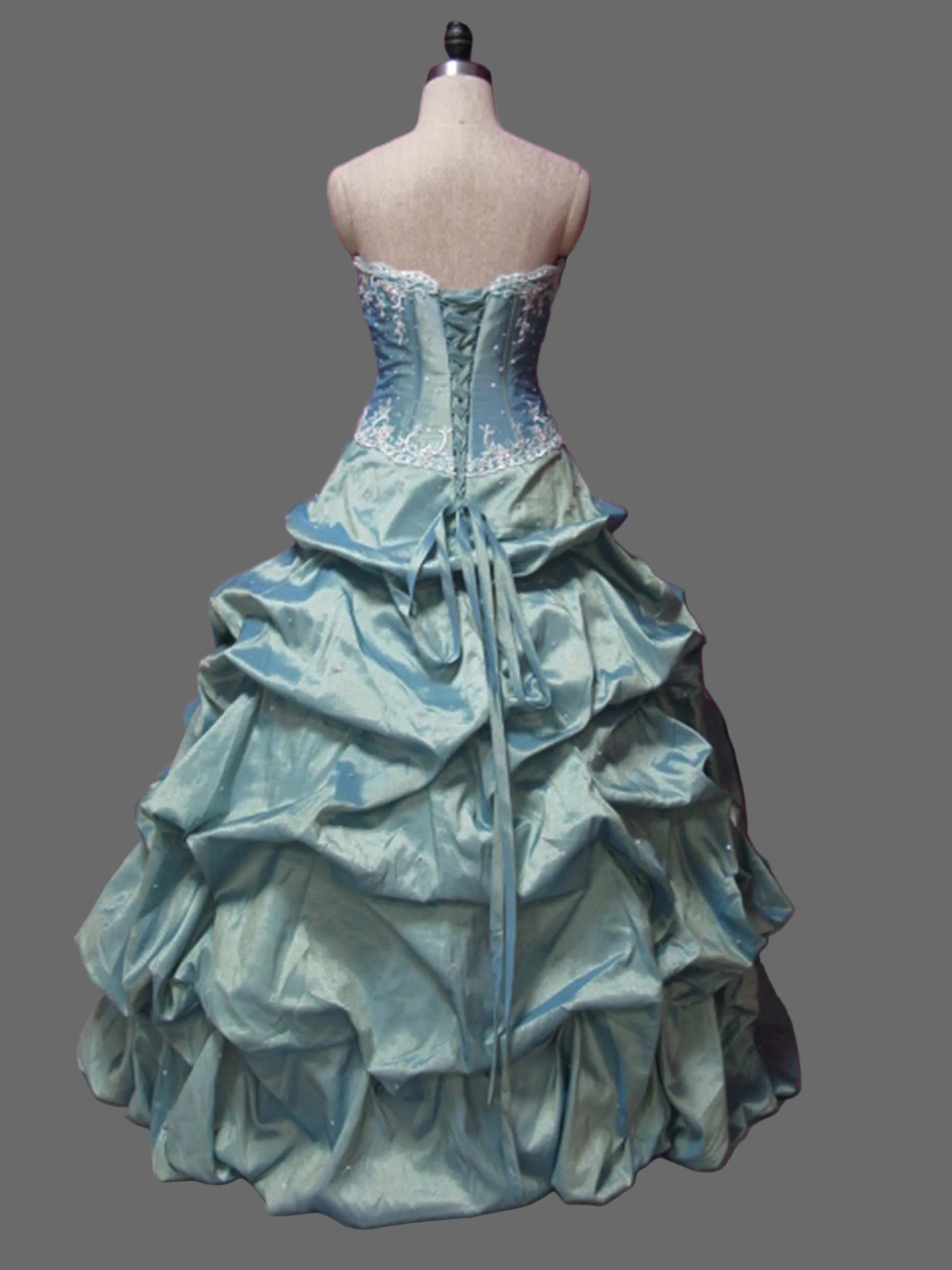 Sage Green Quinceanera Ball Gown | Corset Bodice with Silver Embroidery & Tiered Bubble Pick-Up Taffeta Skirt