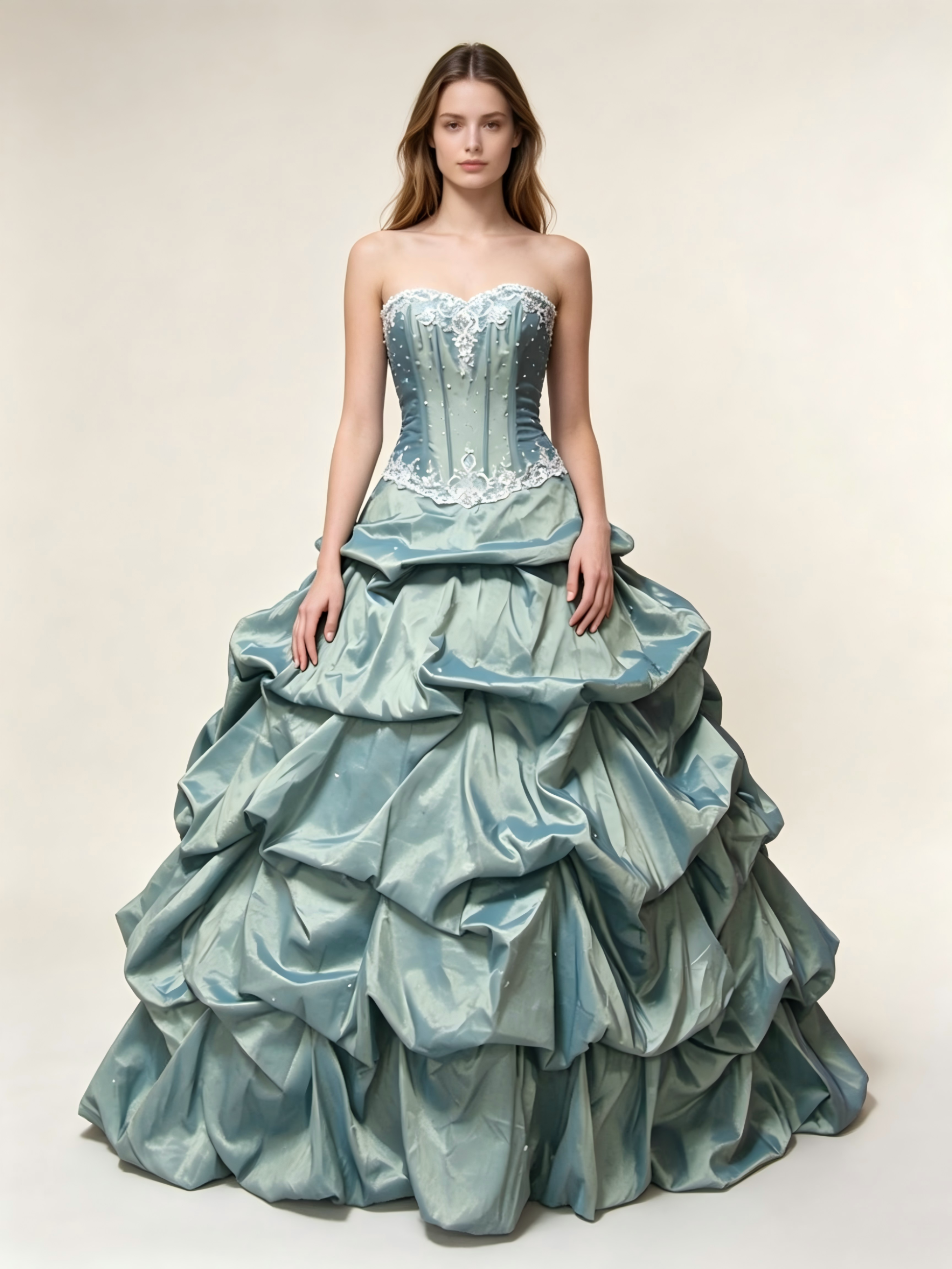 Sage Green Quinceanera Ball Gown | Corset Bodice with Silver Embroidery & Tiered Bubble Pick-Up Taffeta Skirt