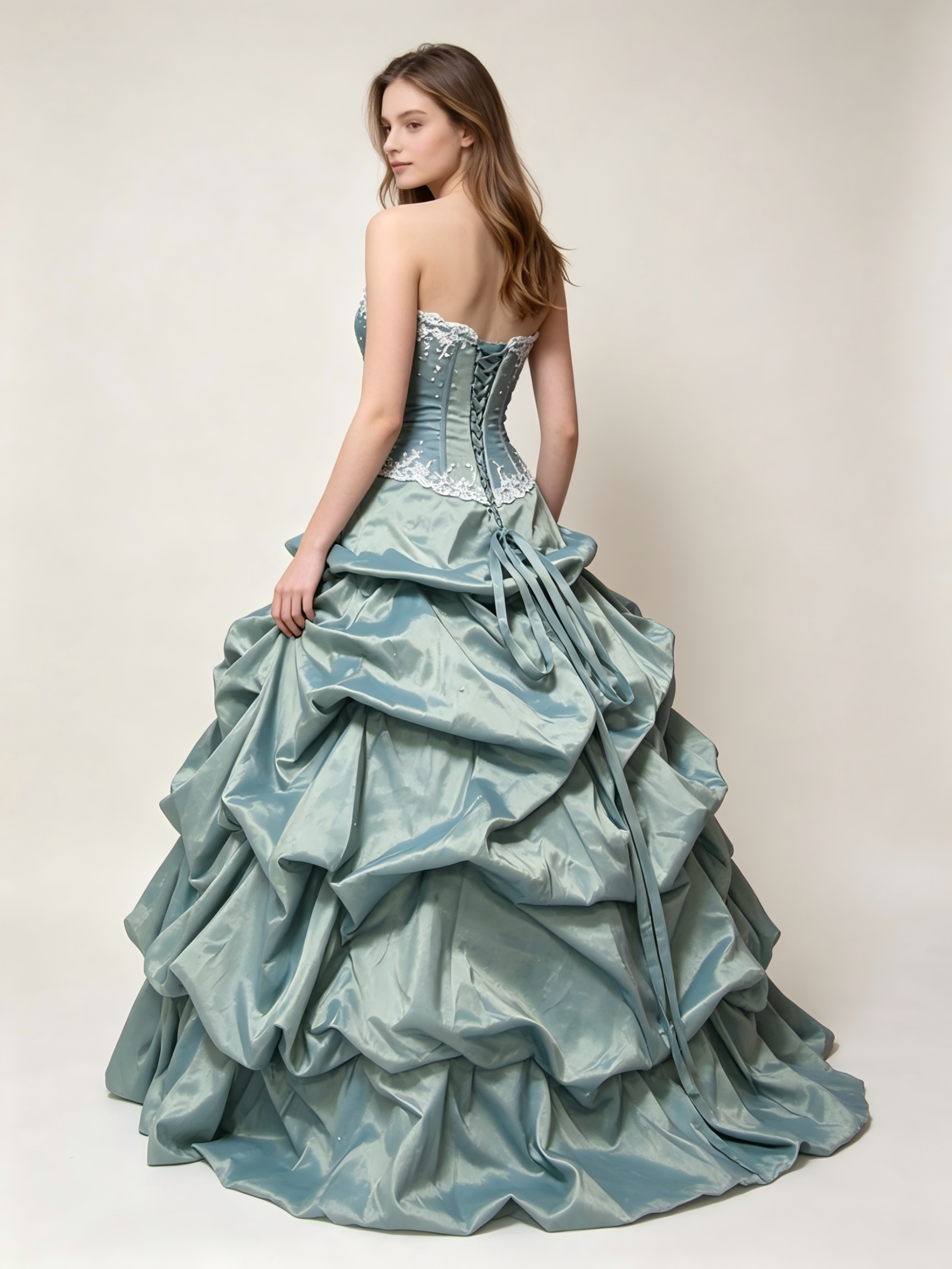 Sage Green Quinceanera Ball Gown | Corset Bodice with Silver Embroidery & Tiered Bubble Pick-Up Taffeta Skirt