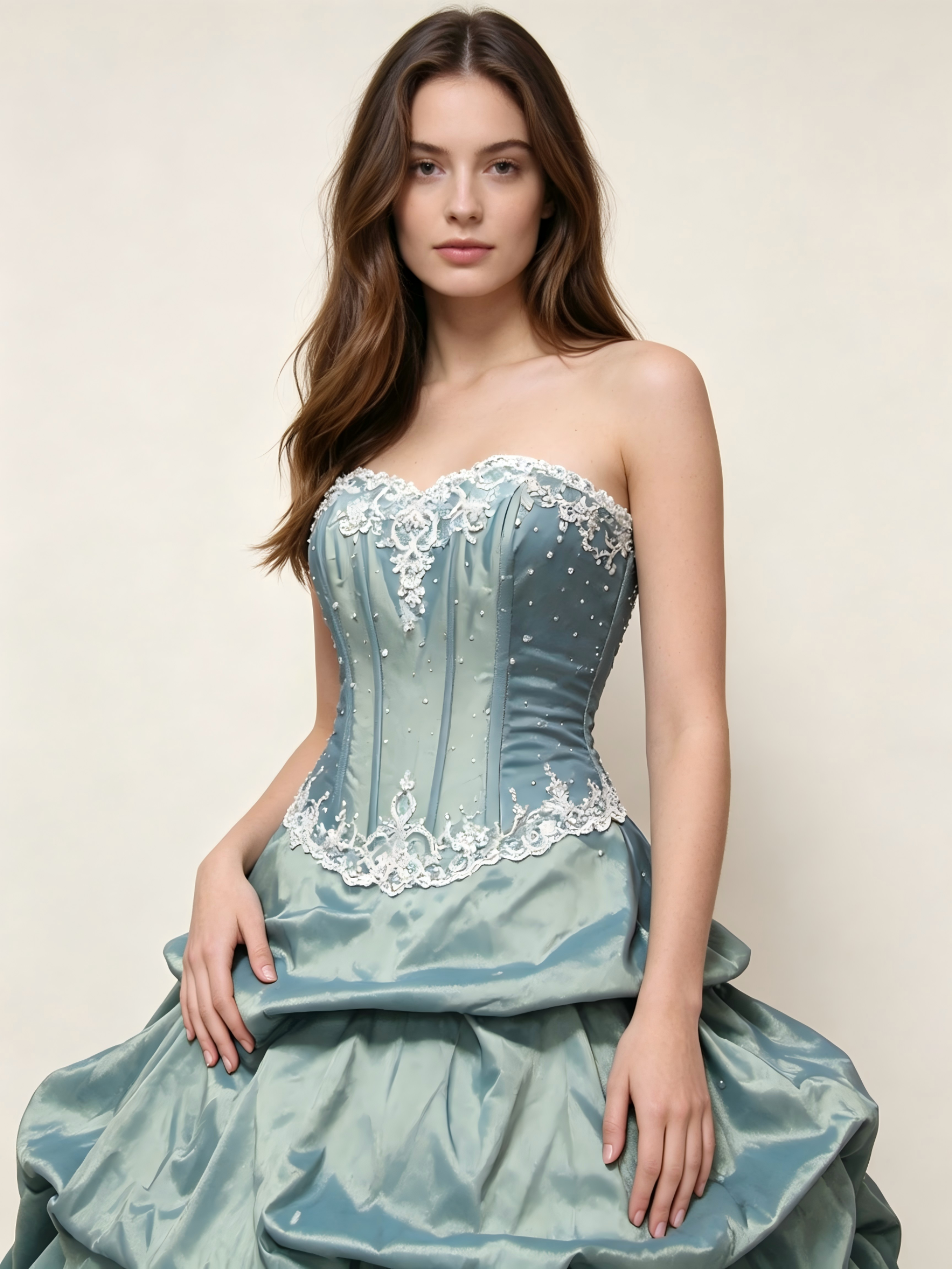 Sage Green Quinceanera Ball Gown | Corset Bodice with Silver Embroidery & Tiered Bubble Pick-Up Taffeta Skirt