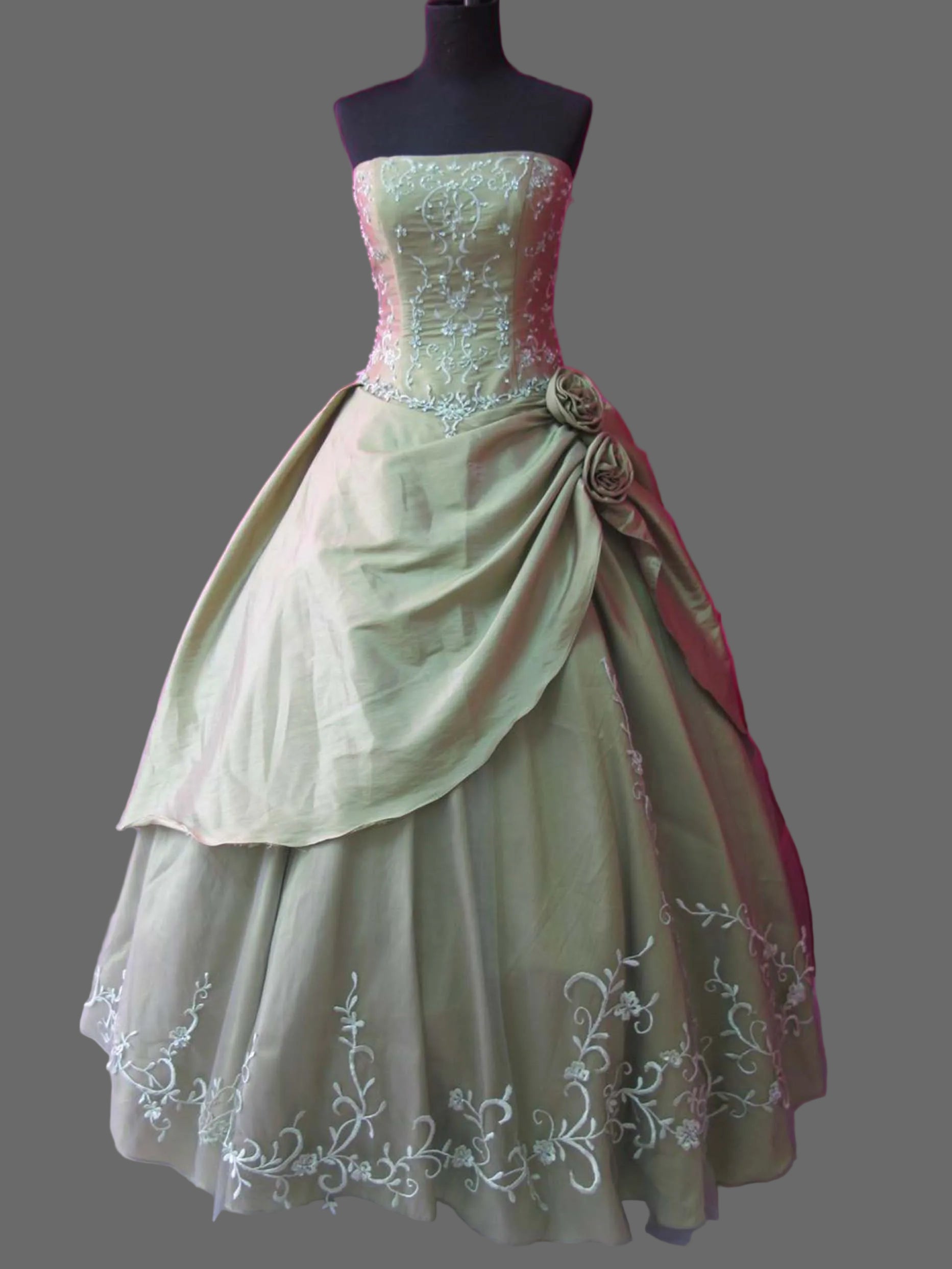 Sage Green Quinceanera Ball Gown with Floral Embroidery, Rosette & Draped Taffeta Skirt