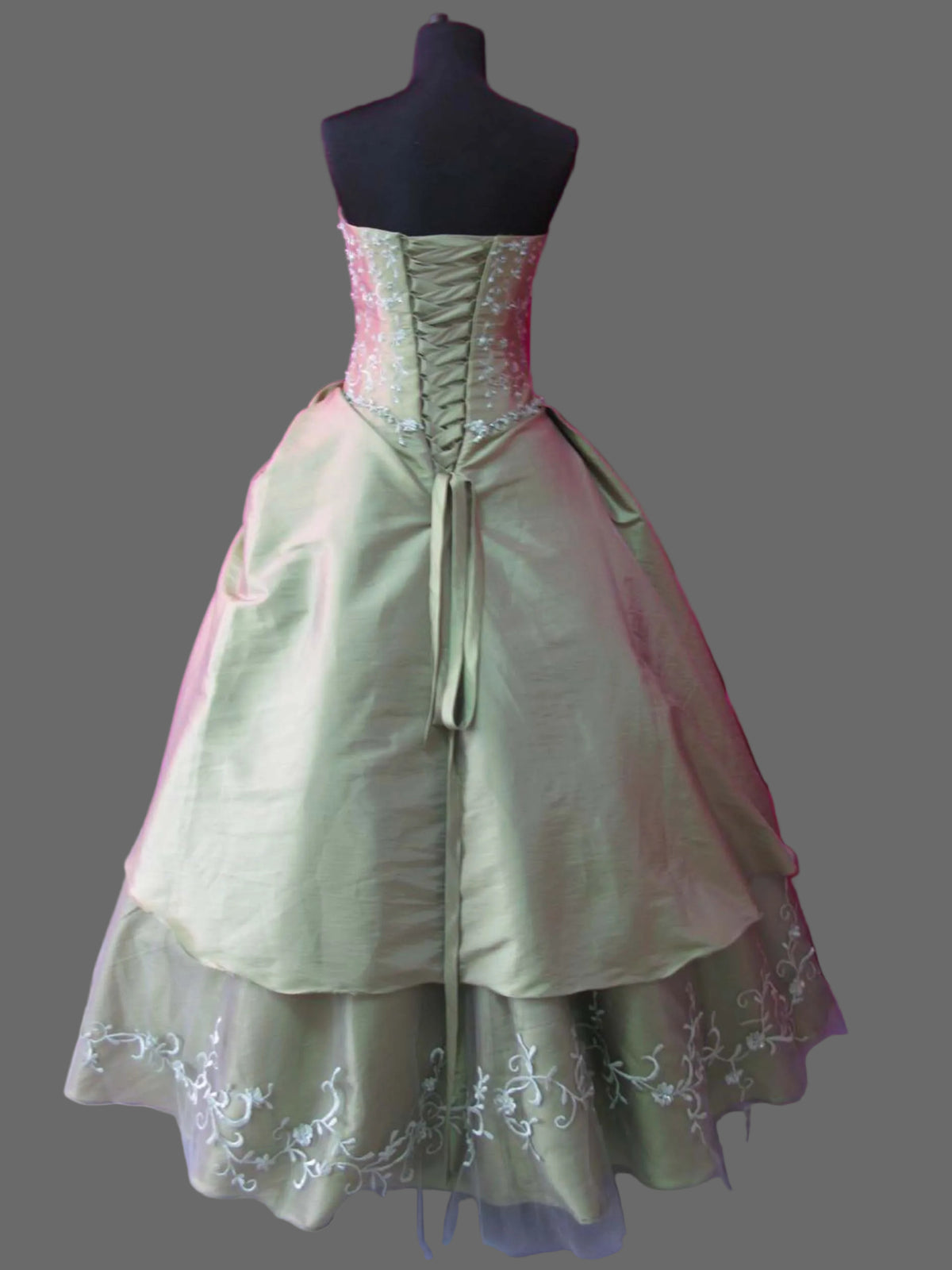 sage green and pink quince dress Ball Gown Sage Green Tulle Quinceanera Dress With Butterflies Sage Green / 10