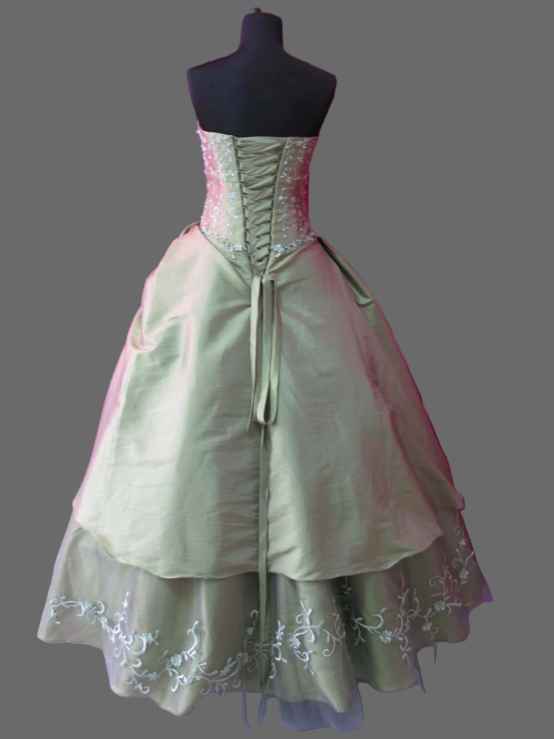 Sage Green Quinceanera Ball Gown with Floral Embroidery, Rosette & Draped Taffeta Skirt