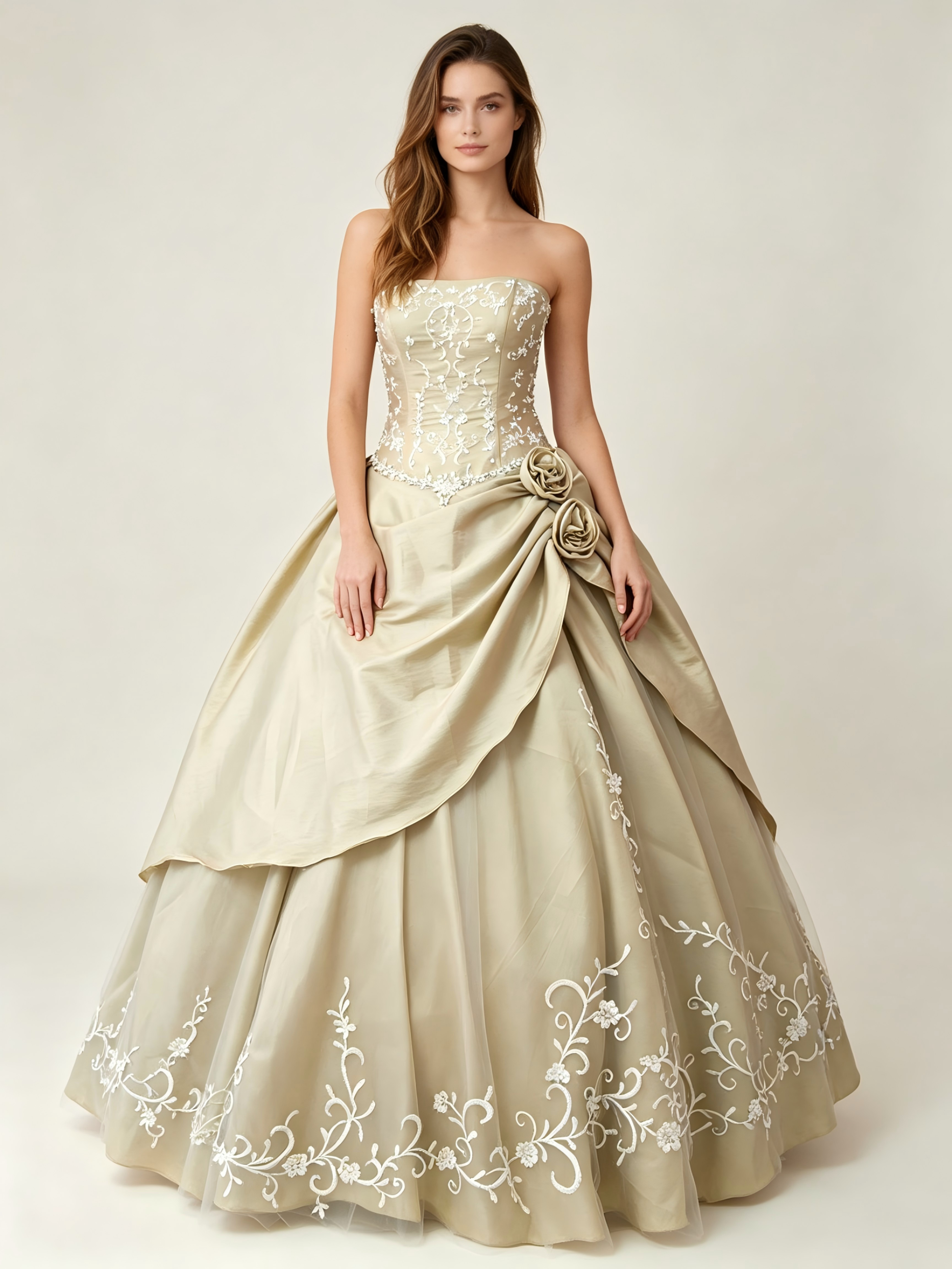 Sage Green Quinceanera Ball Gown with Floral Embroidery, Rosette & Draped Taffeta Skirt
