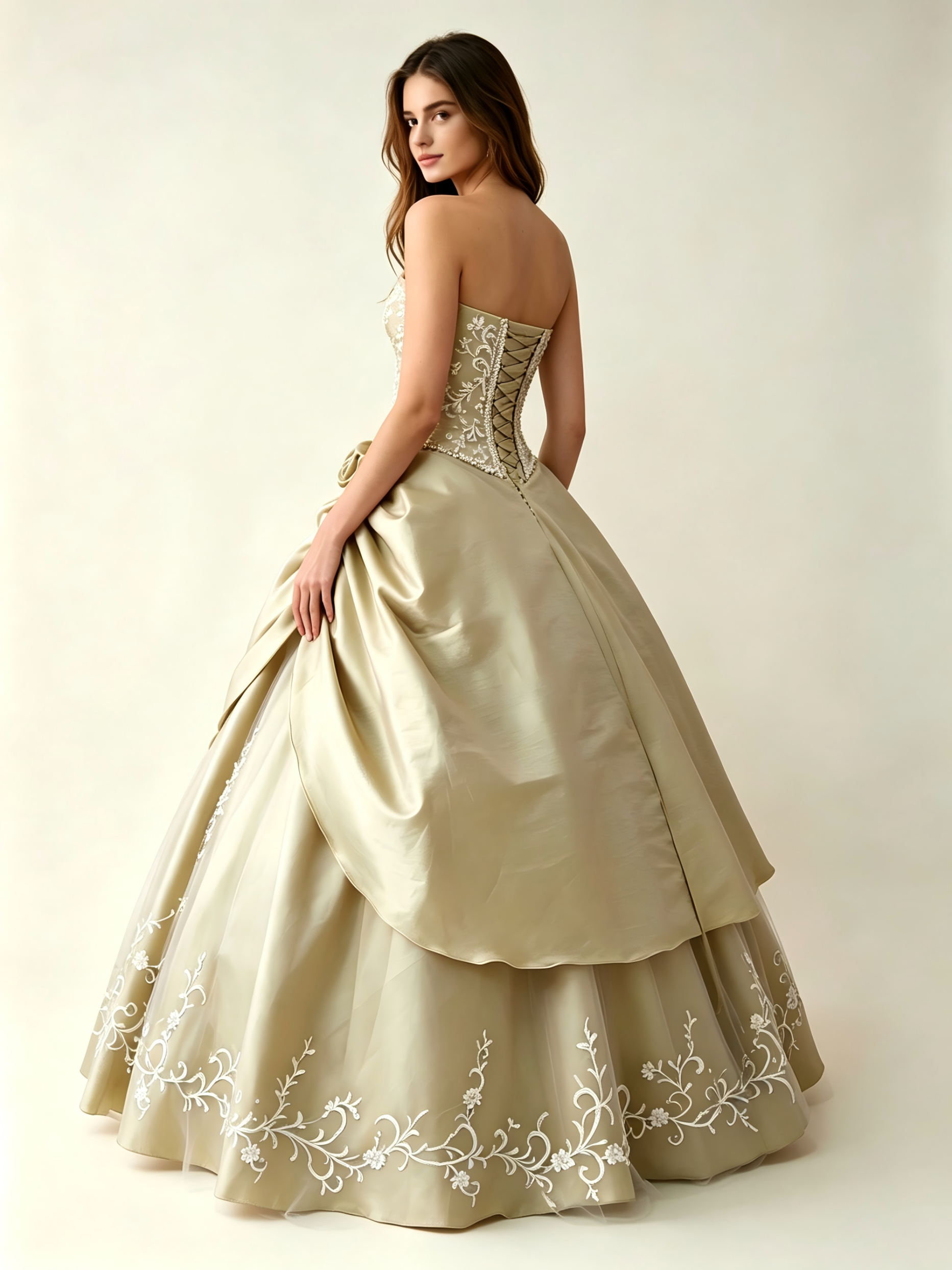 Sage Green Quinceanera Ball Gown with Floral Embroidery, Rosette & Draped Taffeta Skirt