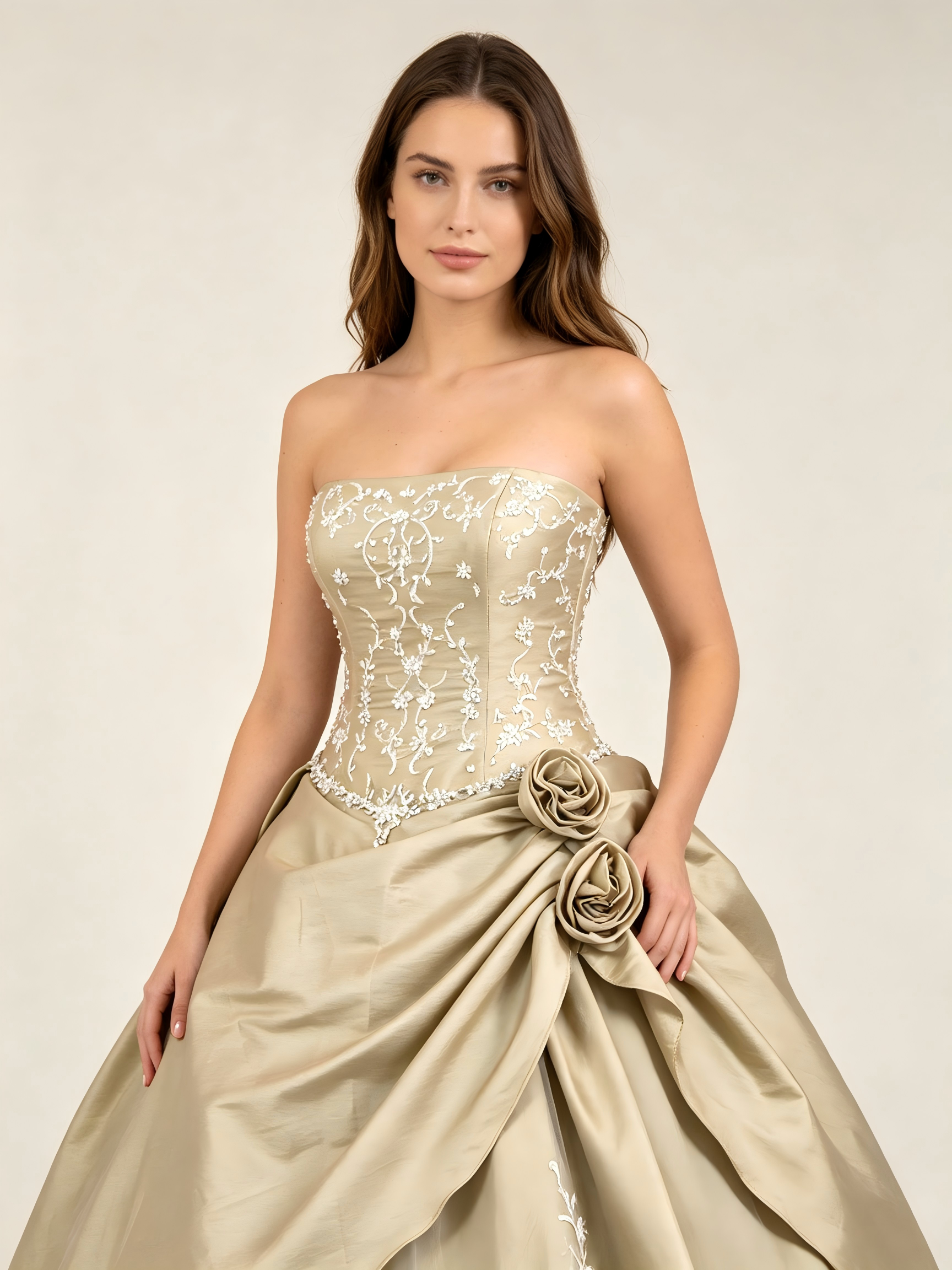 Sage Green Quinceanera Ball Gown with Floral Embroidery, Rosette & Draped Taffeta Skirt