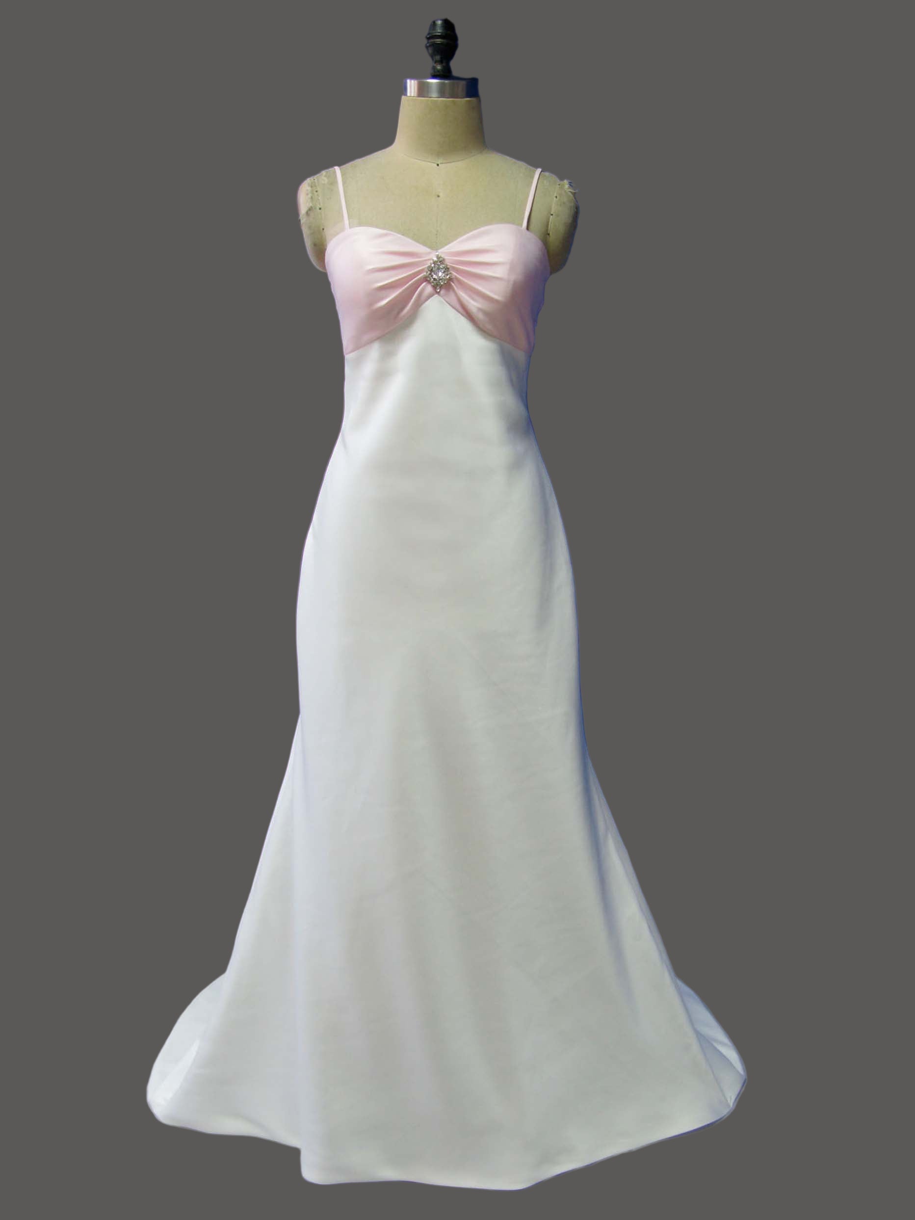 Satin A-Line Wedding Dress with Pink Bow Detail and Spaghetti Straps